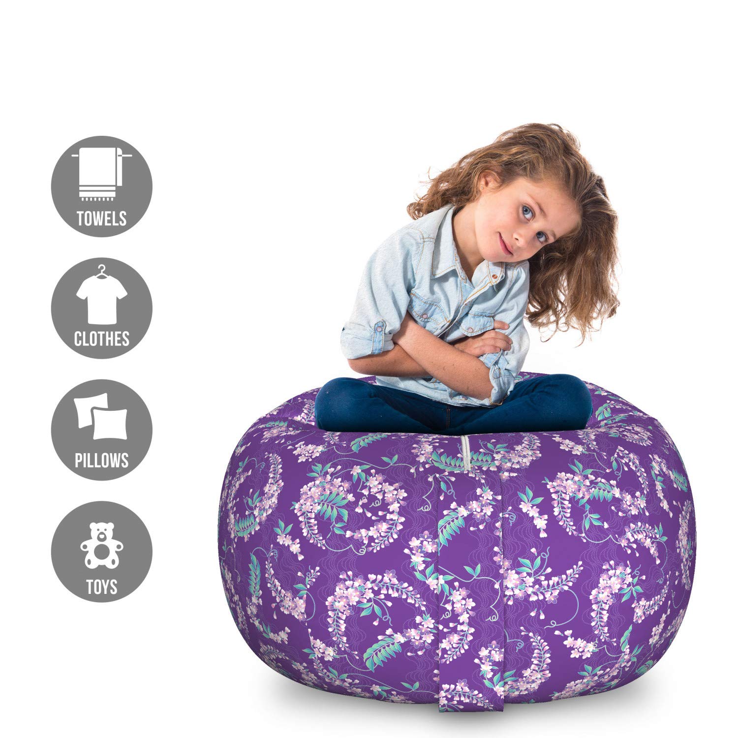 Ambesonne Floral Storage Toy Bag Chair - Japanese Style Wisteria Flowers Design, Large Washable Stuffed Animal Organizer Bag in Purple Seafoam | Perfect for Kids' Room, Nursery, Playroom & Home Decor