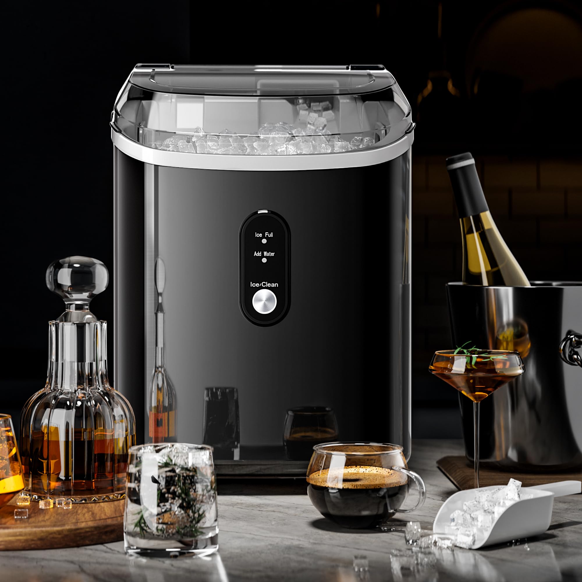 Portable Countertop Nugget Ice Maker - 35lbs/Day Crushed & Sonic Pellet Ice Machine with One-Touch Operation, Compact Design & Handle - Perfect for Home, Office, Bar, RV & Outdoor Parties (Black)