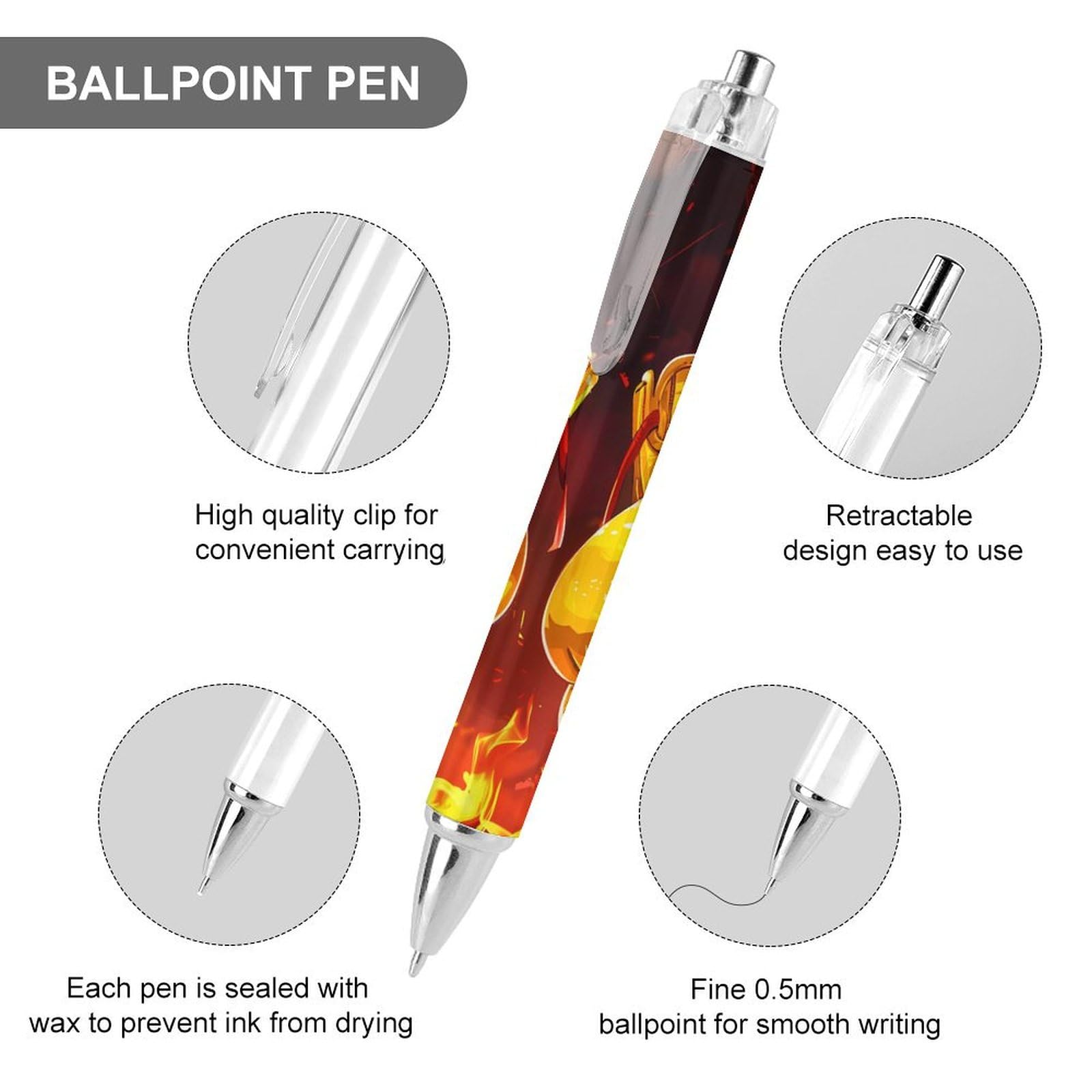 Retractable Ballpoint Pen with Yellow Fire Print - Boxing Sport Design for Office, School & Work | Smooth Writing Rolling Ball Pens (1 Pack) - Perfect for Note-Taking, Signing Documents & Gift Giving