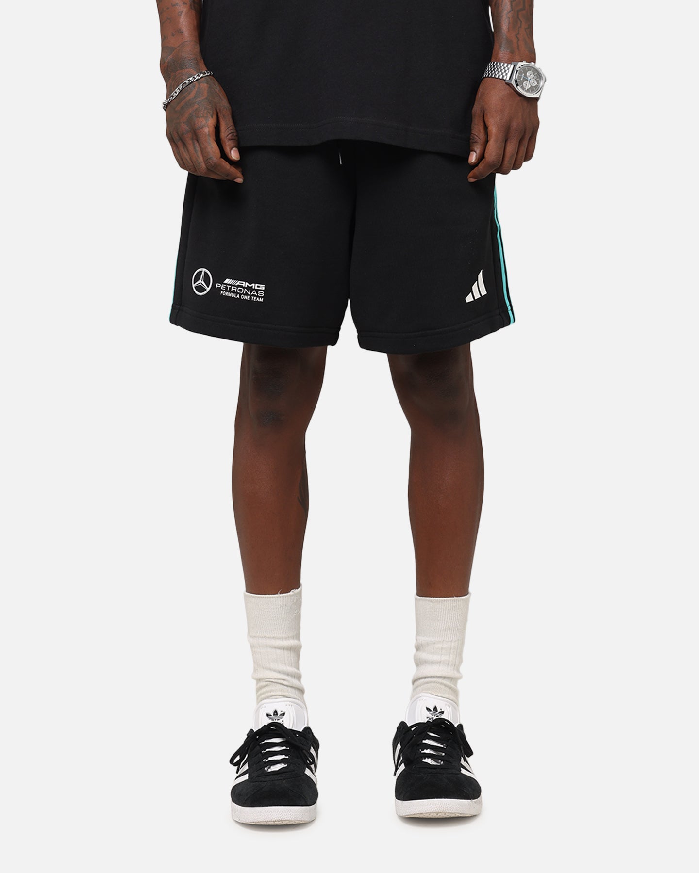 Adidas x Mercedes AMG Petronas Formula One F1 DNA Shorts for Men - Black & White Athletic Running Shorts for Gym, Workout & Casual Wear