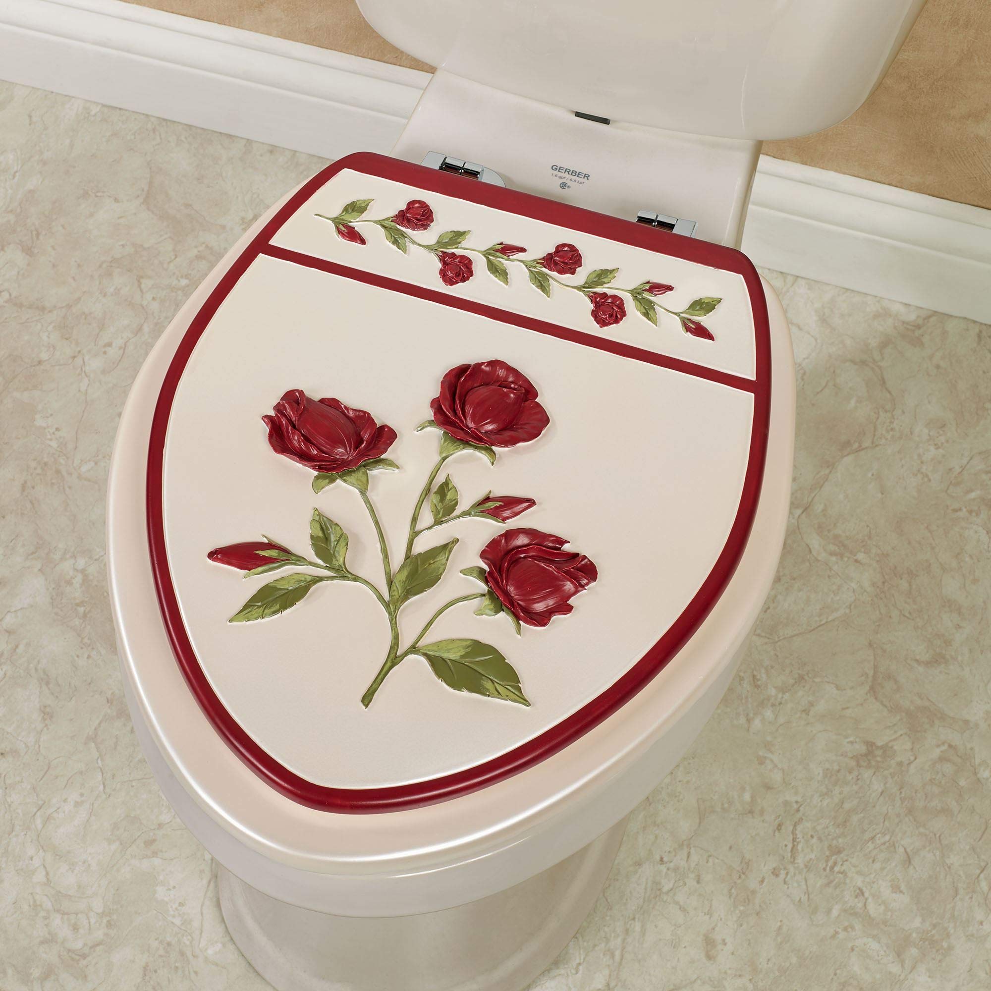 Touch of Class Vining Rose Elongated Toilet Seat - Hand-Painted Resin with Metal Hinges, Rust-Resistant - Red & Green Floral Bathroom Decor - Perfect for Vintage, Cottage, or Farmhouse Style Bathrooms