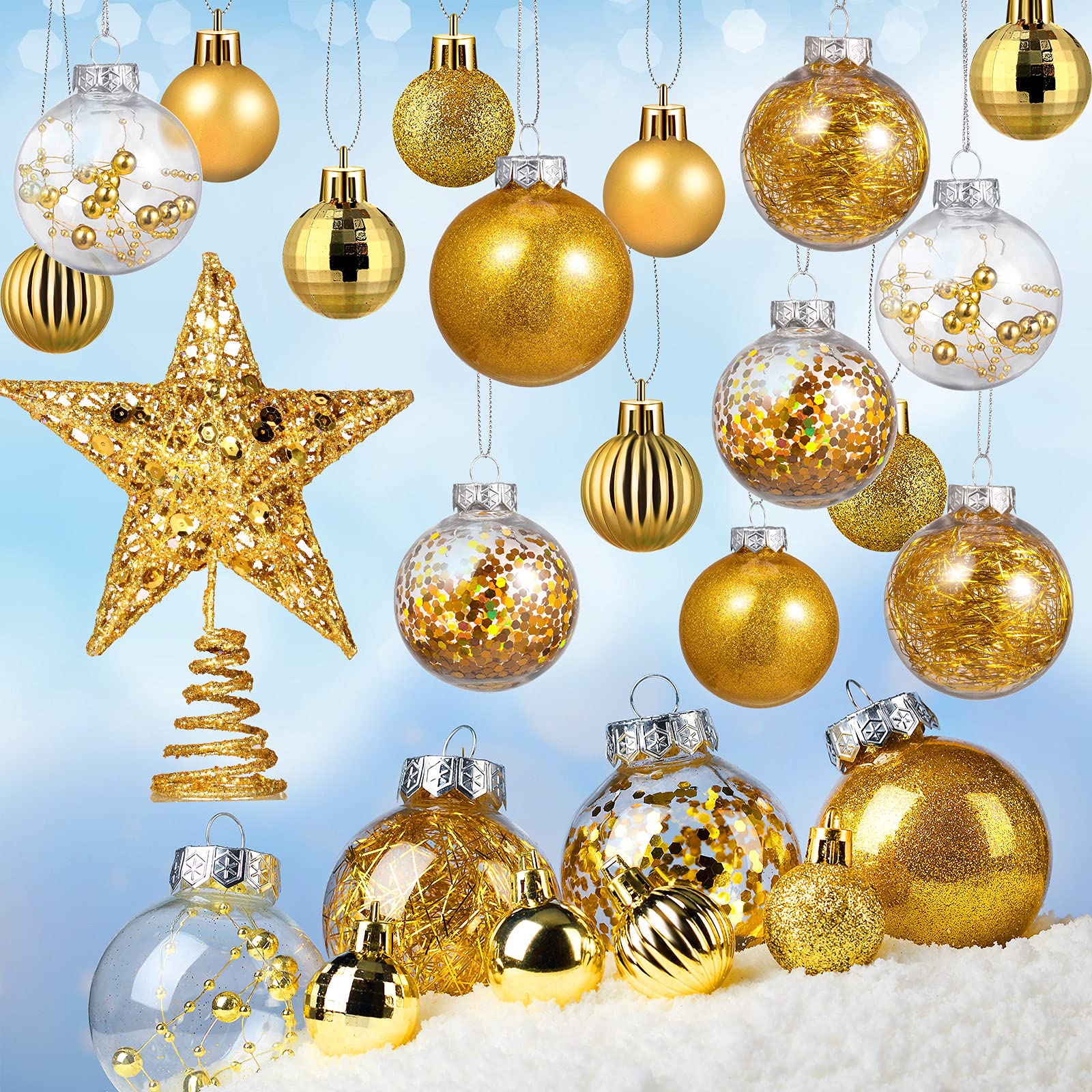 49-Piece Shatterproof Christmas Ornament Set - Gold Star Balls & Tree Topper for Holiday Decor | Indoor/Outdoor Xmas Tree Decorations, Birthday Party & Festive Home Decoration