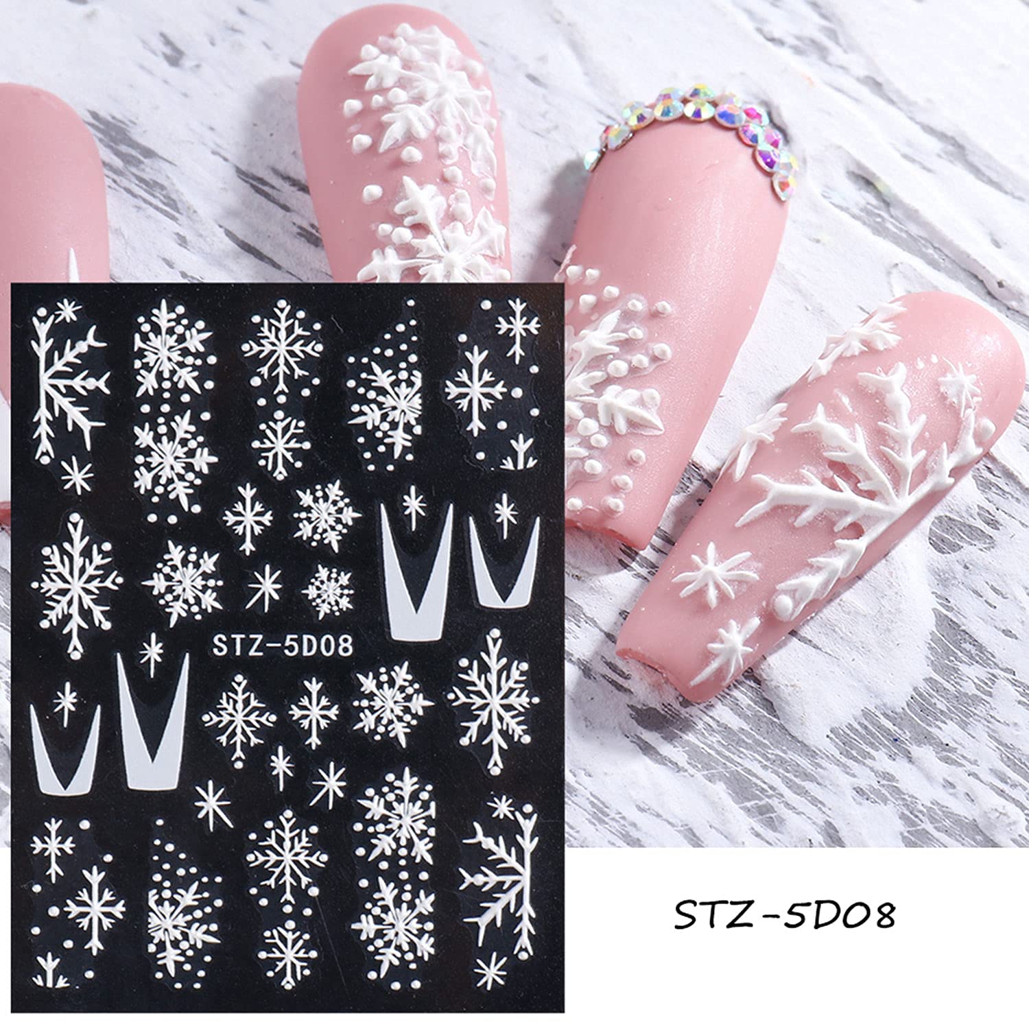 5D Stereoscopic Embossed Snowflake Nail Art Stickers - Christmas Nail Decals for Women, DIY Acrylic Nail Decorations, White Flower French Manicure Tips - Perfect for Holiday Parties, Winter Nail Designs & Gift Giving