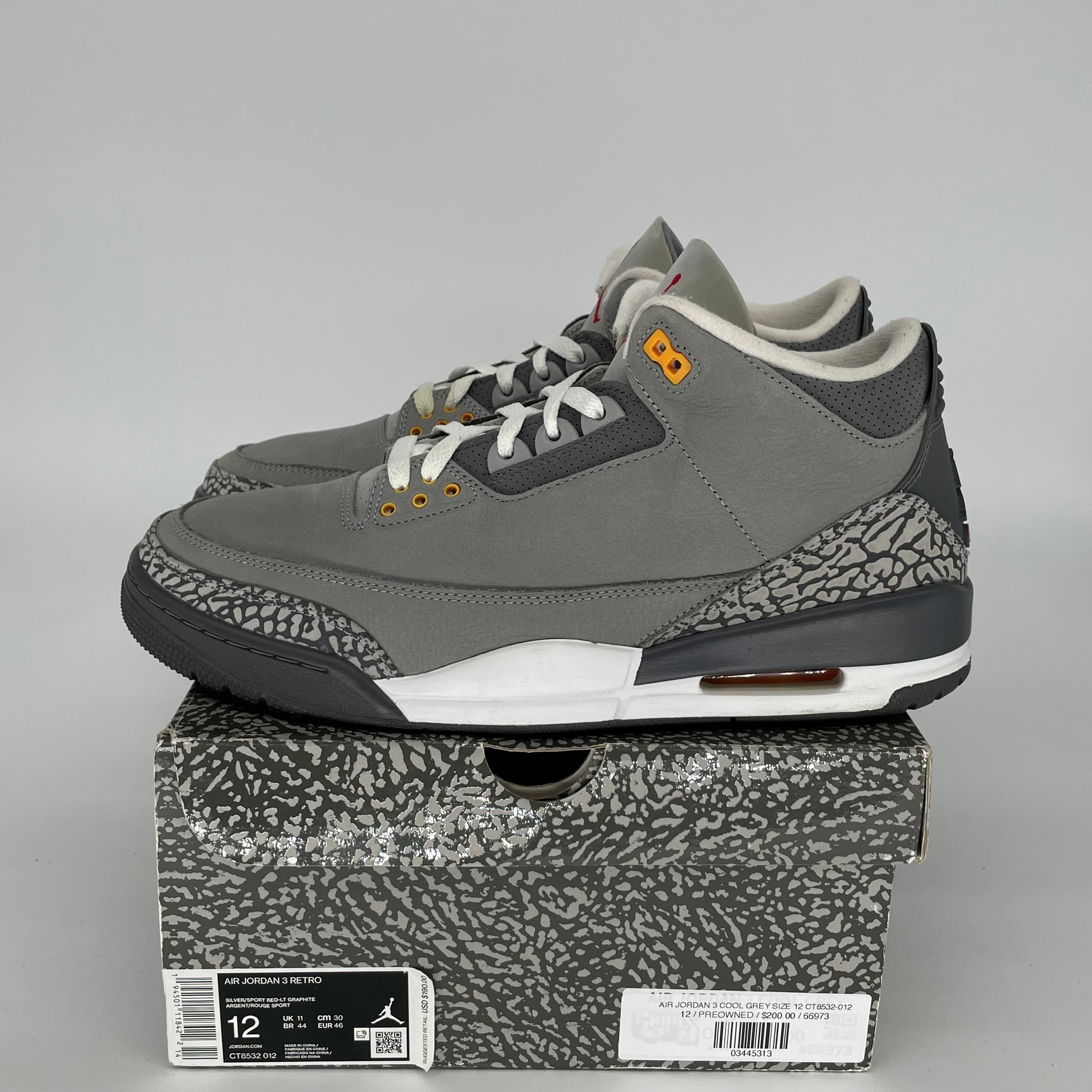 AIR JORDAN 3 COOL GREY Men's Basketball Shoes Size 12 - Retro Style Sneakers CT8532-012 for Casual Wear, Street Fashion & Sports Performance