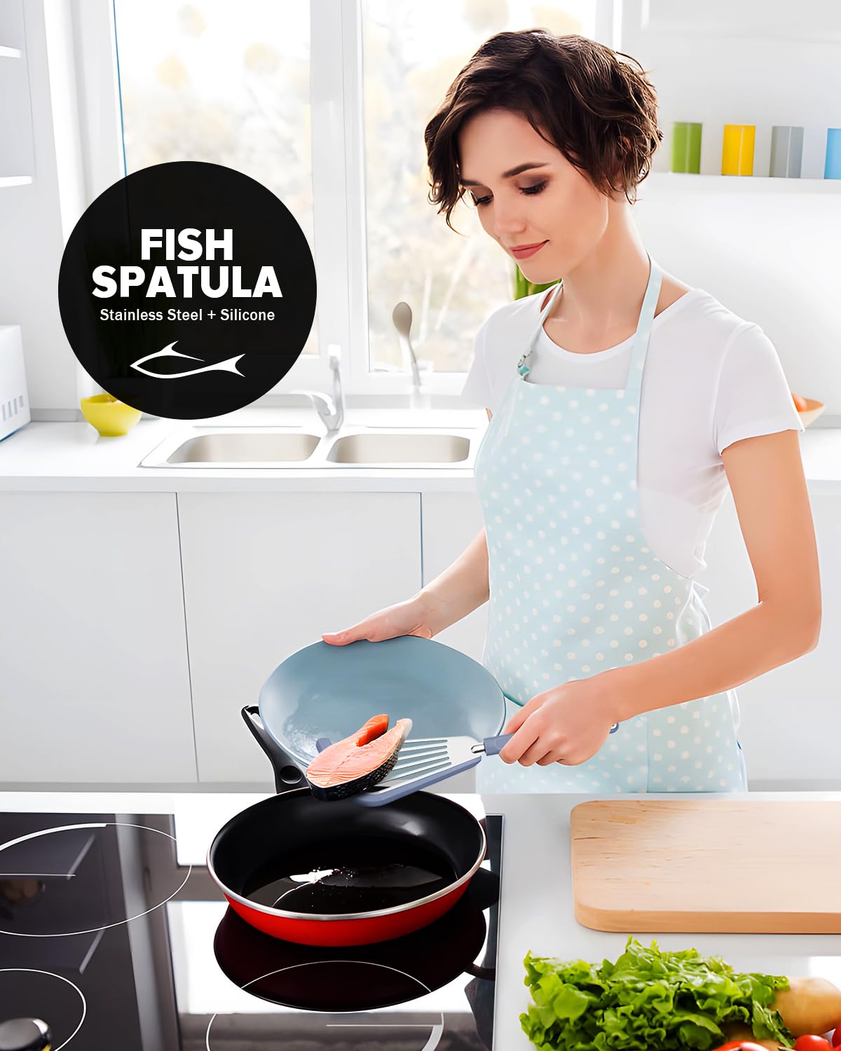 Premium Silicone Fish Spatula Set of 2 - Thin Slotted Nonstick Kitchen Turner for Eggs, Pancakes & Fish - Heat Resistant Flexible Stainless Steel Cooking Utensils - Perfect for Grilling, Frying & Baking at Home
