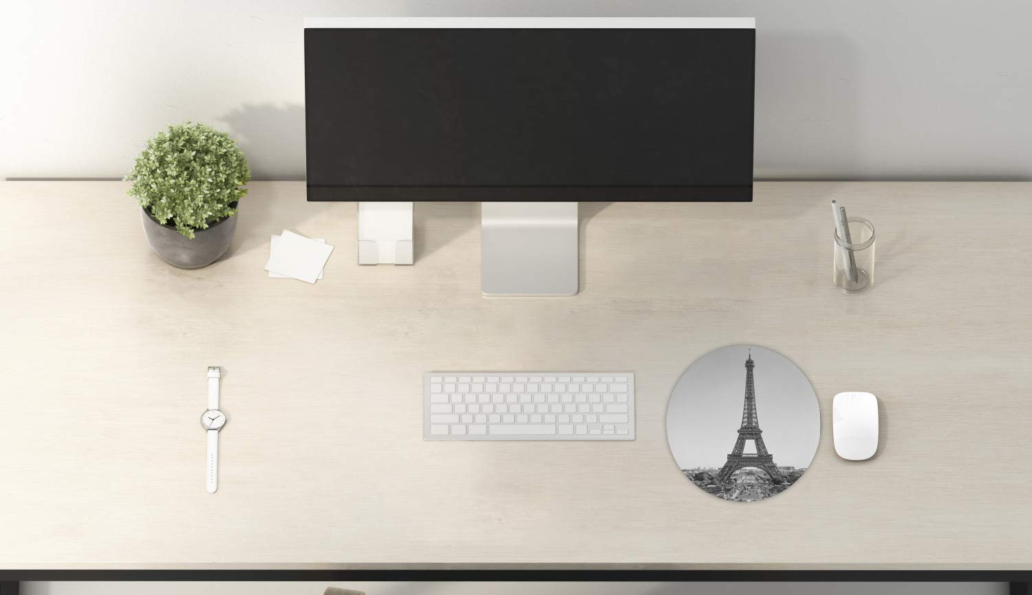Ambesonne Vintage Eiffel Tower Mouse Pad - 8 Inch Round Non-Slip Rubber Gaming Mousepad with Greyscale Paris Monument Design, Dark Grey & Taupe - Perfect for Office, Home & Gaming Computers