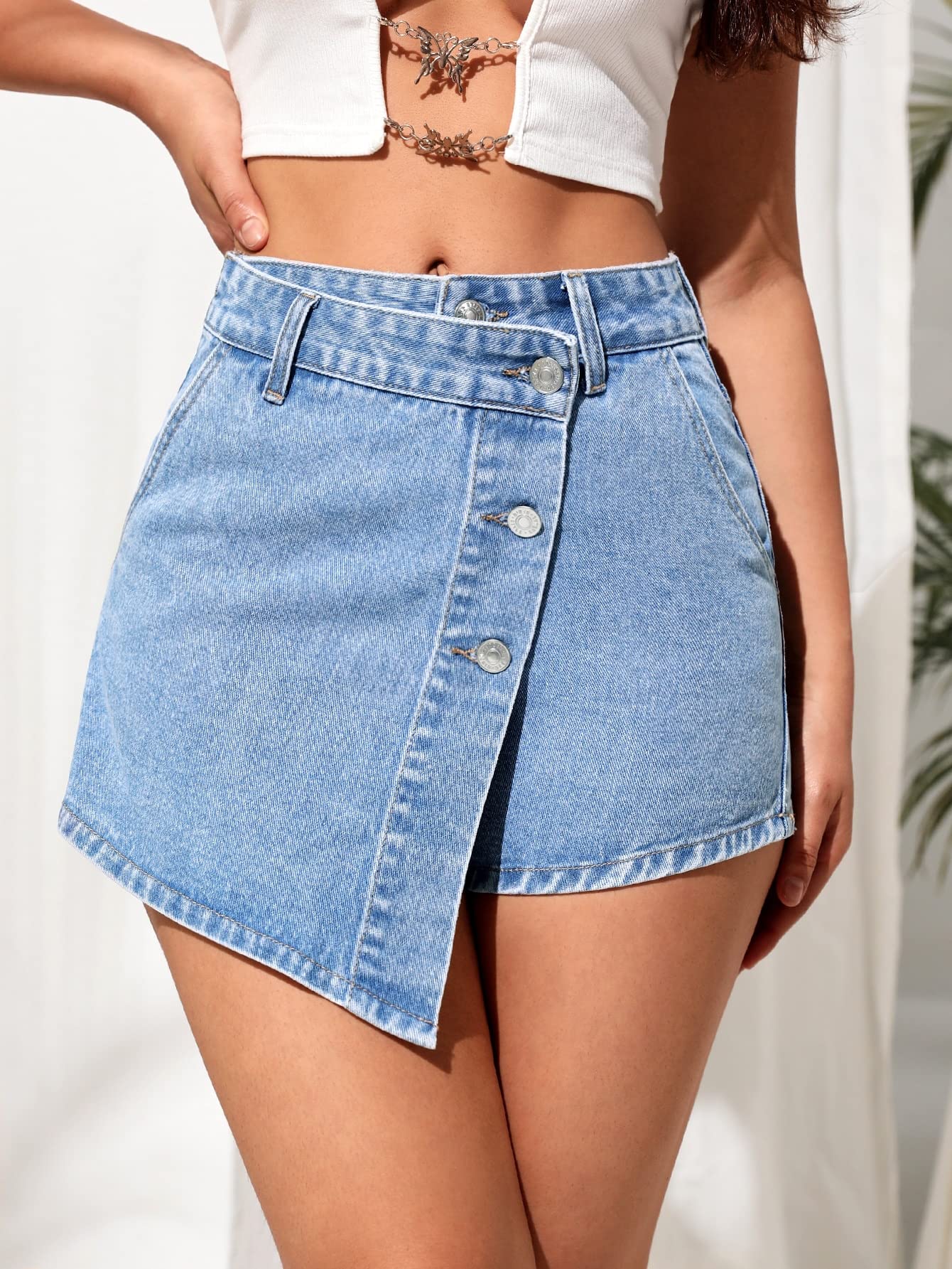 SweatyRocks Women's High Waisted Denim Shorts with Pockets - Button Front Wrap Skirt for Casual Outfits | Perfect for Summer, Beach, and Everyday Wear