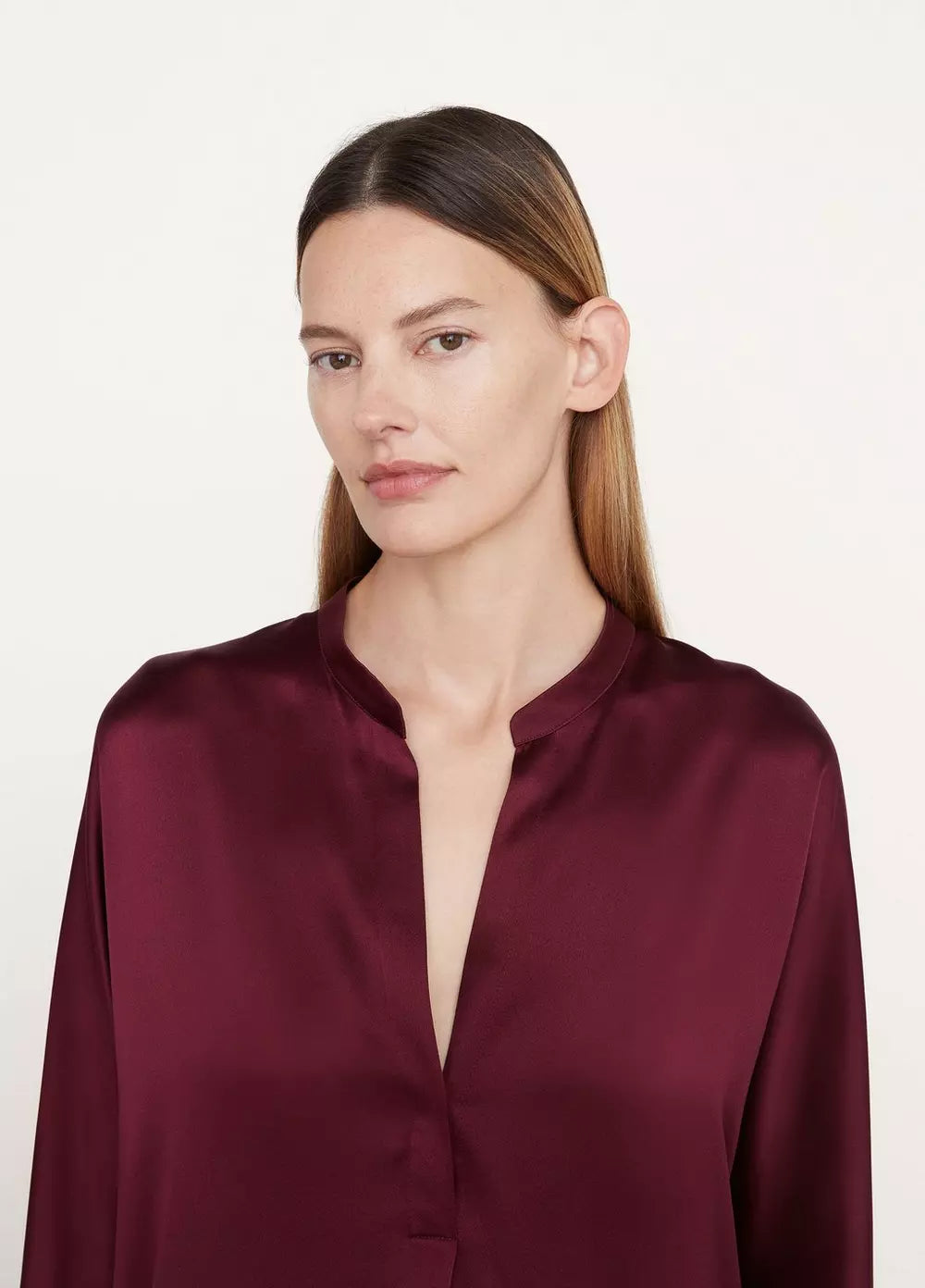 Elegant Band Collar Silk Blouse for Women - Soft Plum Wine Color - Perfect for Office Wear, Evening Parties & Special Occasions