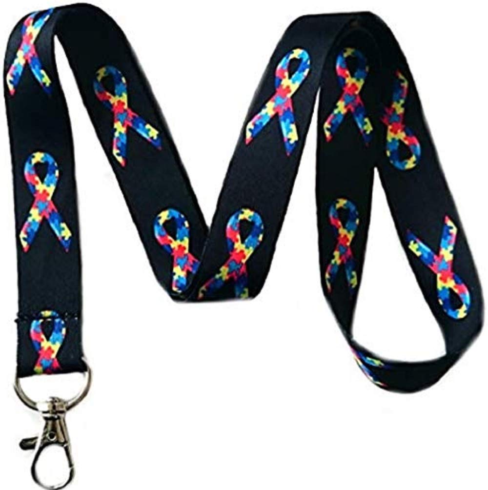 Autism Awareness Ribbon Lanyard Keychain - Black ID Badge Holder for Work, School & Events - Durable Neck Strap for Keys & Security Cards