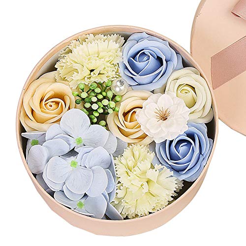 Blue Rose Scented Soap Flower Box - Artificial & Dried Flower Petal Soap for Wedding Decor, Bath & Body Care - Round Shape Luxury Gift for Anniversary, Bridal Shower & Home Decoration (11-Piece Set)