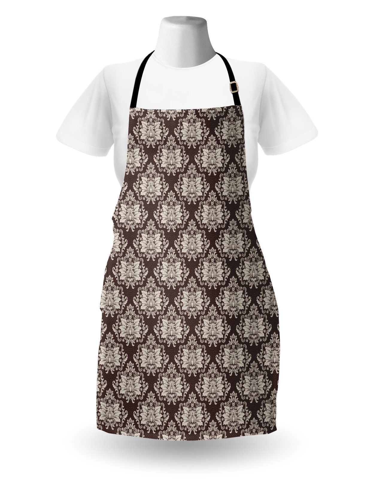 Ambesonne Damask Apron - Victorian Floral Pattern Kitchen Bib with Adjustable Neck for Cooking, Baking, Gardening | Unisex Brown and Beige Apron with Blooming Foliage Leaves Design | Perfect for Home Chefs, BBQ Parties & Holiday Gifts