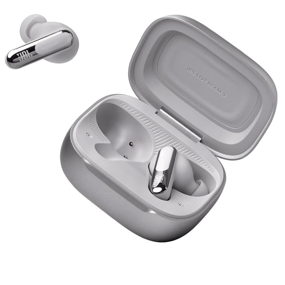 JBL Live Beam 3 True Wireless Bluetooth Earbuds - 48H Battery, Adaptive Noise Cancelling, Hi-Res Audio, IP55 Waterproof, Silver | Perfect for Workouts, Commuting & Travel