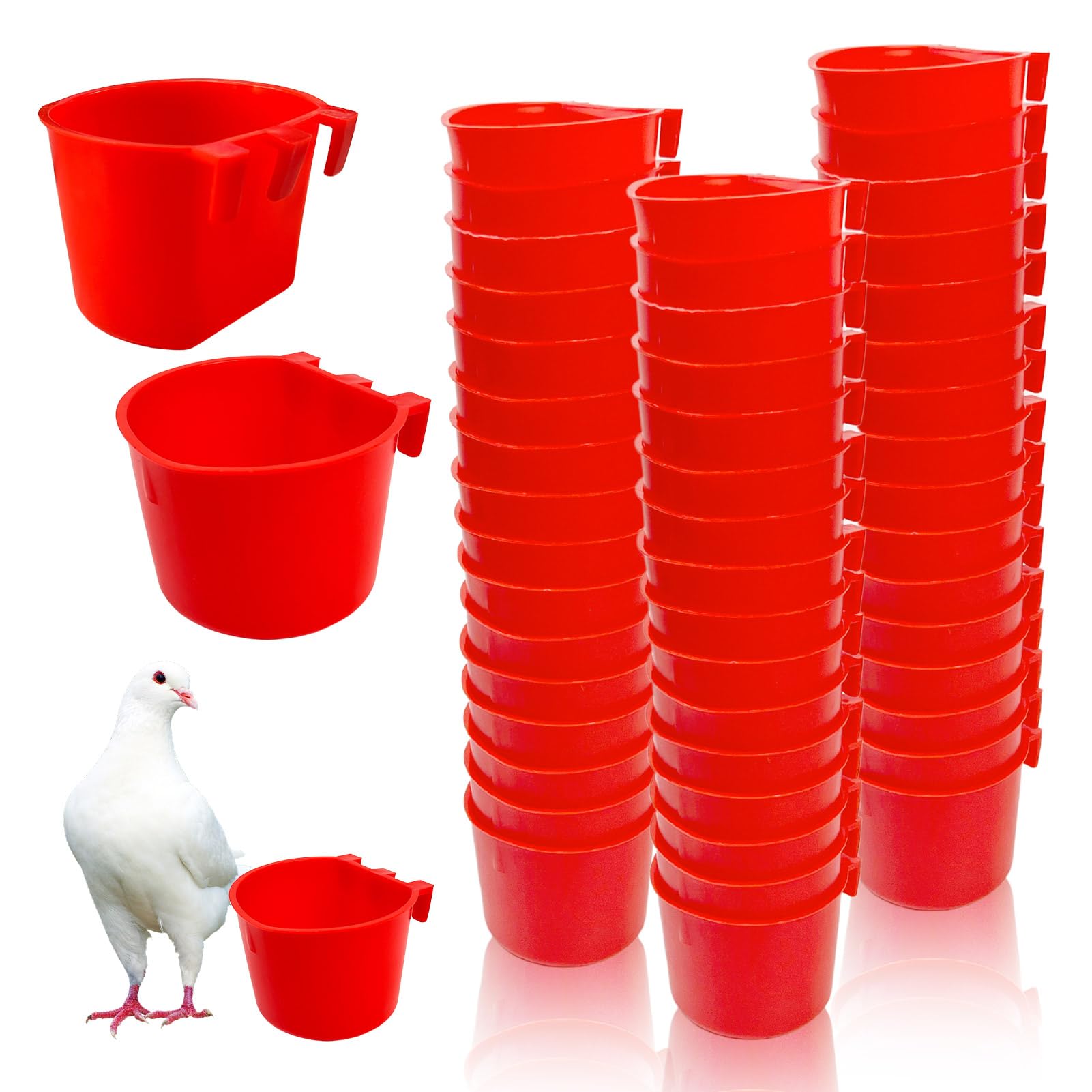 Rainmae 50 Pcs Plastic Bird Feeders & Water Dispenser Cups - 8 oz Hanging Cage Cups for Small Birds, Parrots, Chickens, Pigeons & Poultry - Durable Red Seed Bowls for Coops, Aviaries & Pet Cages - Perfect for Feeding & Hydrating Your Feathered Friends