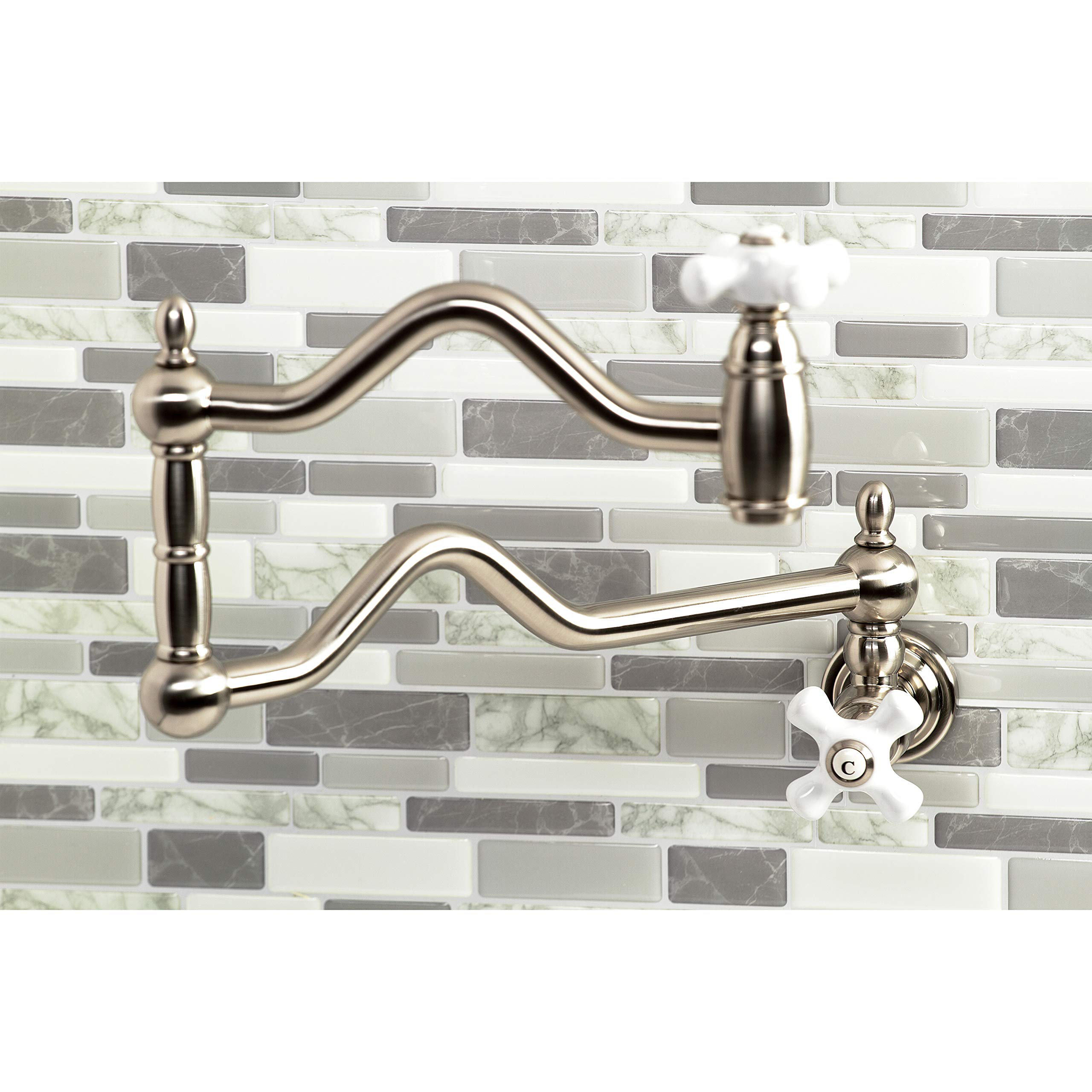 Kingston Brass KS2108PX Heritage Pot Filler Faucet - 24.13 Inch Brushed Nickel Wall Mount Kitchen Faucet for Stove & Cooking - Perfect for Home Chefs & Modern Kitchens