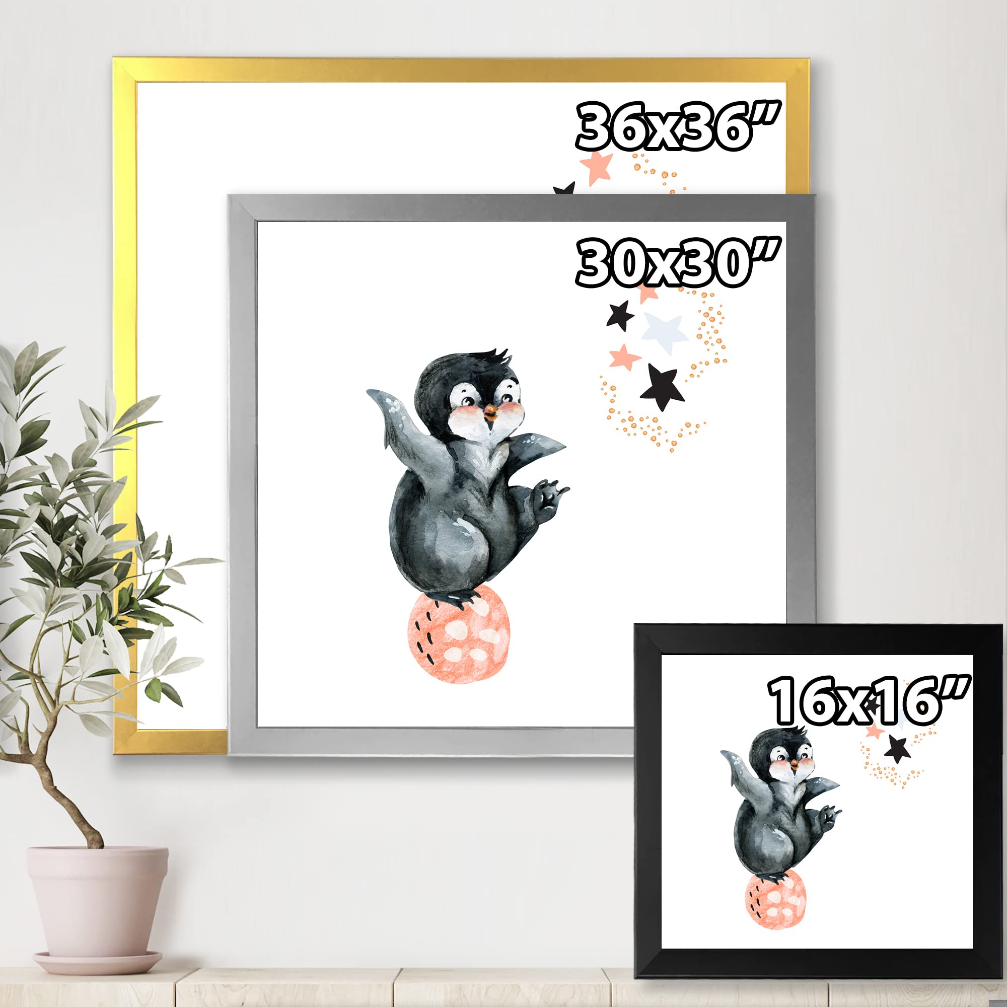 DesignQ Little Penguin with Stars and Planets II - Farmhouse Framed Wall Art Decor for Living Room, Nursery & Bedroom - Cute Animal Painting for Home & Office