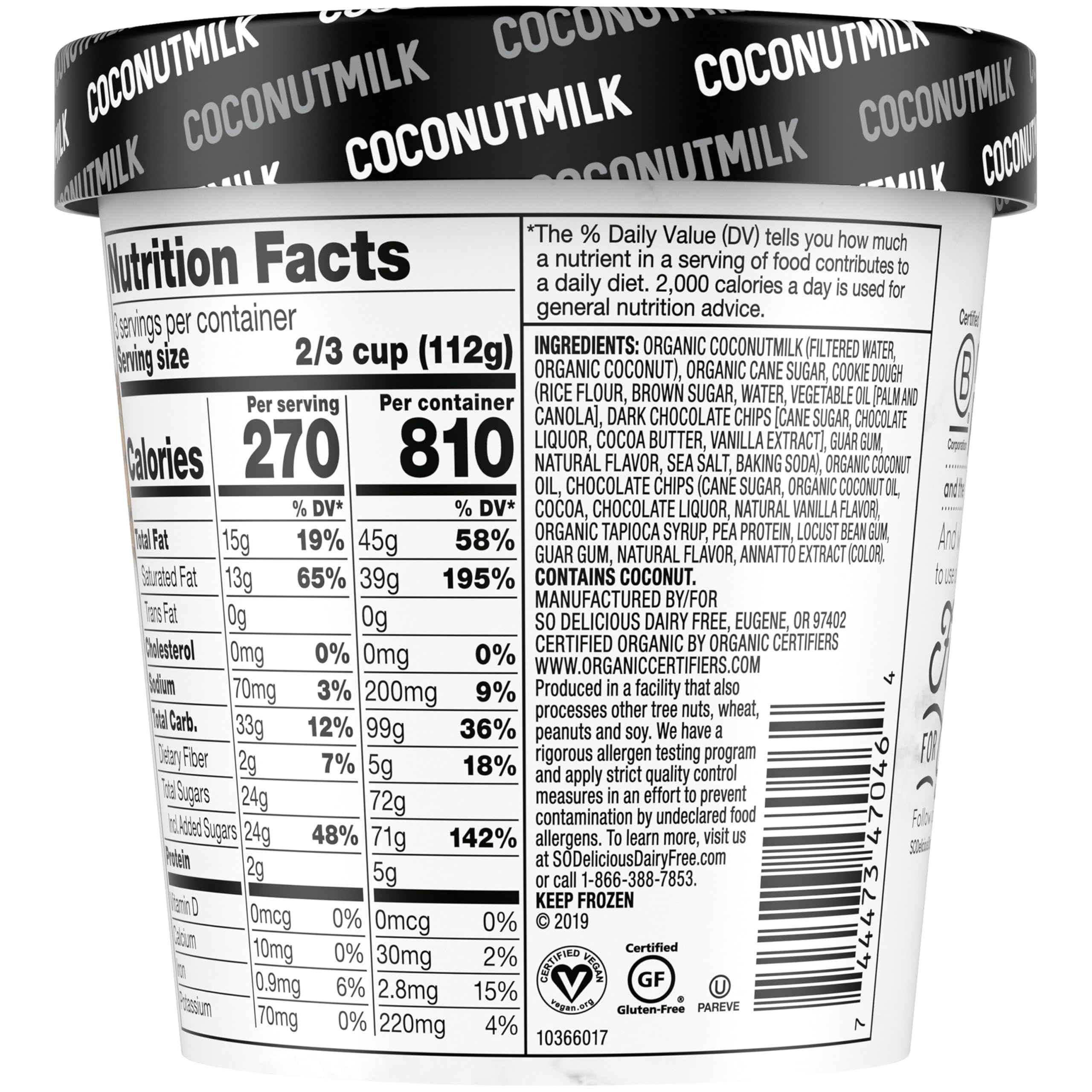 So Delicious Dairy Free Coconutmilk Frozen Dessert - Vegan Cookie Dough Flavor, Non-GMO Project Verified, 1 Pint - Perfect for Vegan Desserts, Lactose-Free Treats & Healthy Snacking