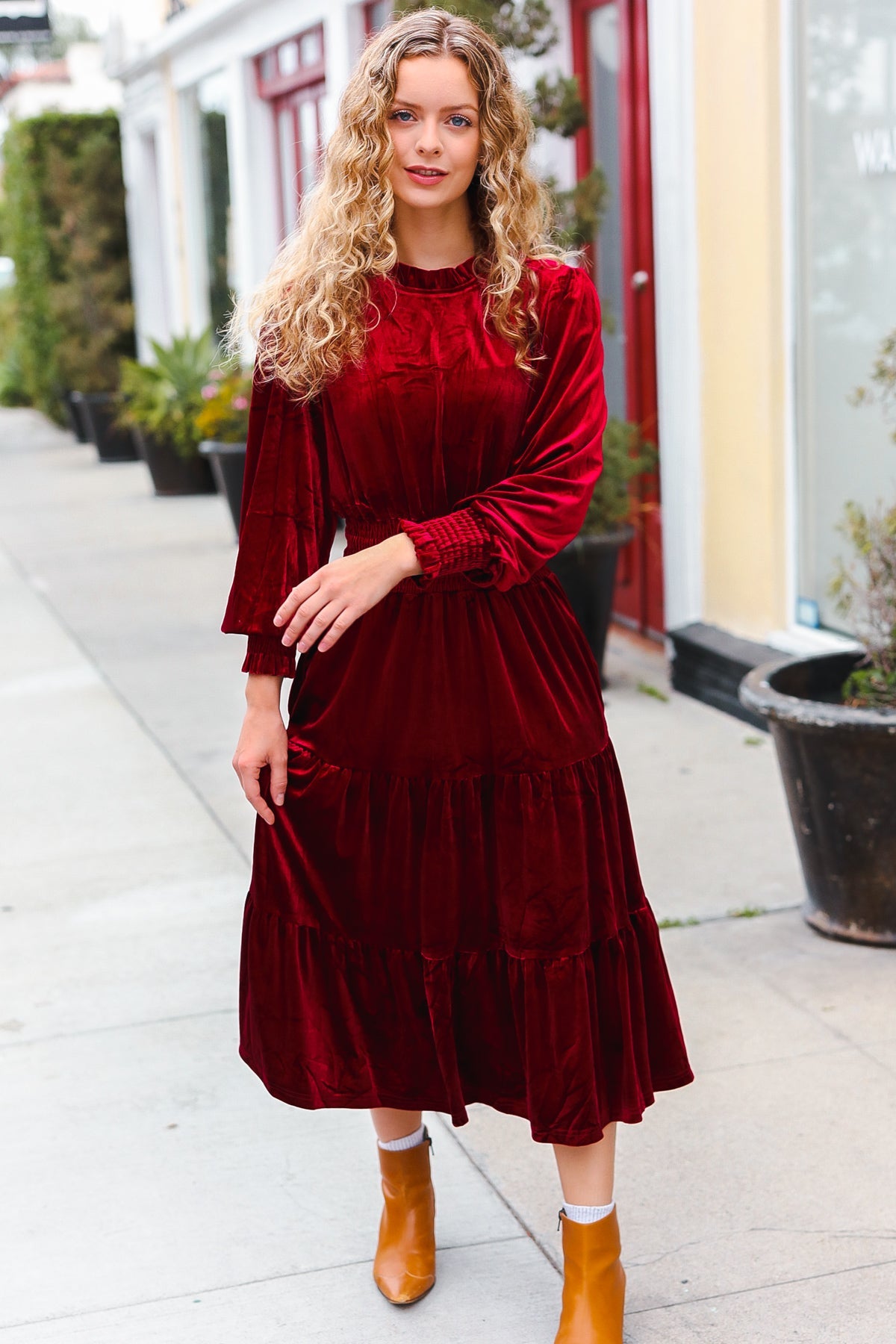 Burgundy Velvet Mock Neck Smocked Waist Dress for Women - Elegant Holiday Party & Christmas Dinner Outfit