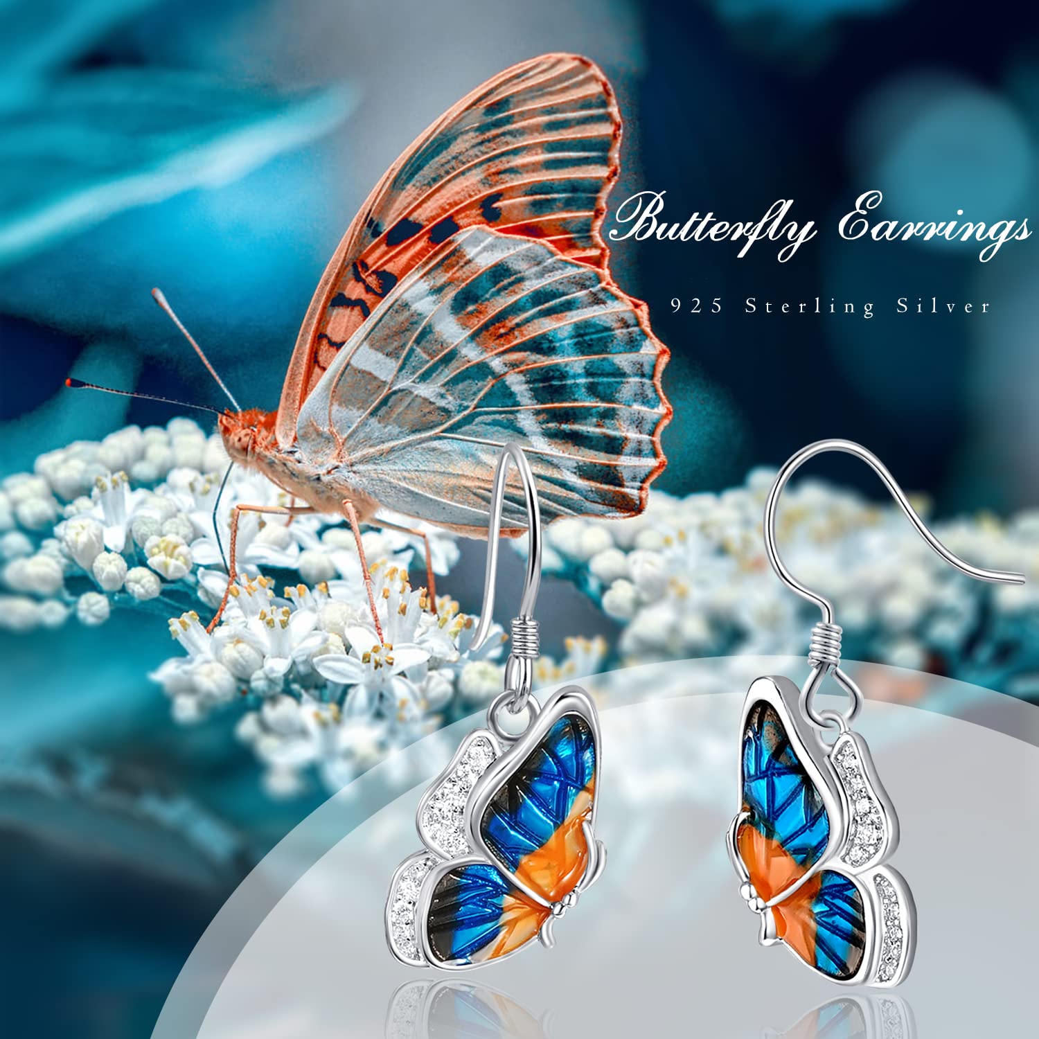 TANGPOET Sterling Silver Blue Butterfly Dangle Drop Earrings for Women - Hypoallergenic Hook Earrings for Sensitive Ears | Perfect for Parties, Weddings & Everyday Wear