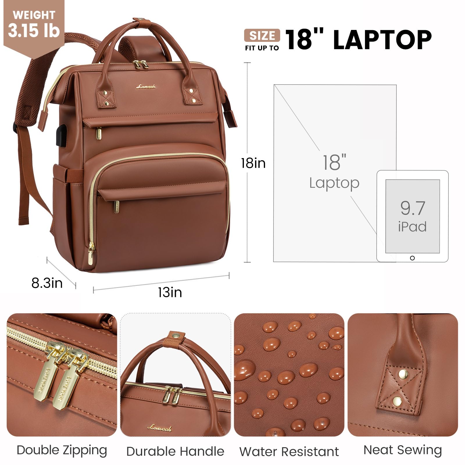 LOVEVOOK 18 Inch Leather Laptop Backpack for Women, Stylish Travel Backpack Purse for Nurse, Teacher, College, Business Professionals with USB Port, Brown - Perfect for Work, School, and Daily Commute
