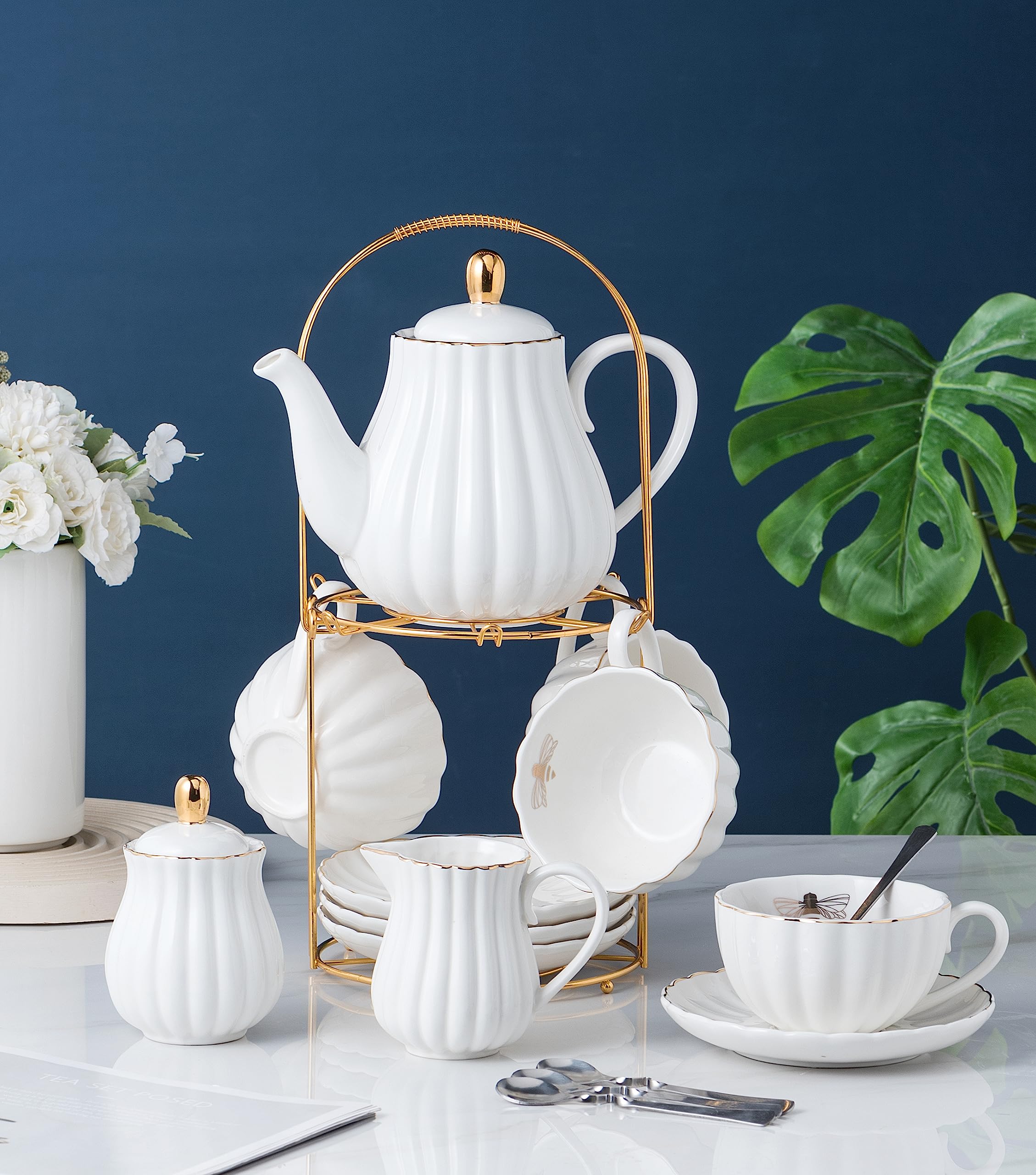 Premium 8 oz Fine China White Coffee & Tea Cup Set - 17-Piece Service for 4 with Teapot, Saucers, Sugar Bowl, Cream Pitcher & Accessories - Elegant Tea Party & Afternoon Coffee Set (White)