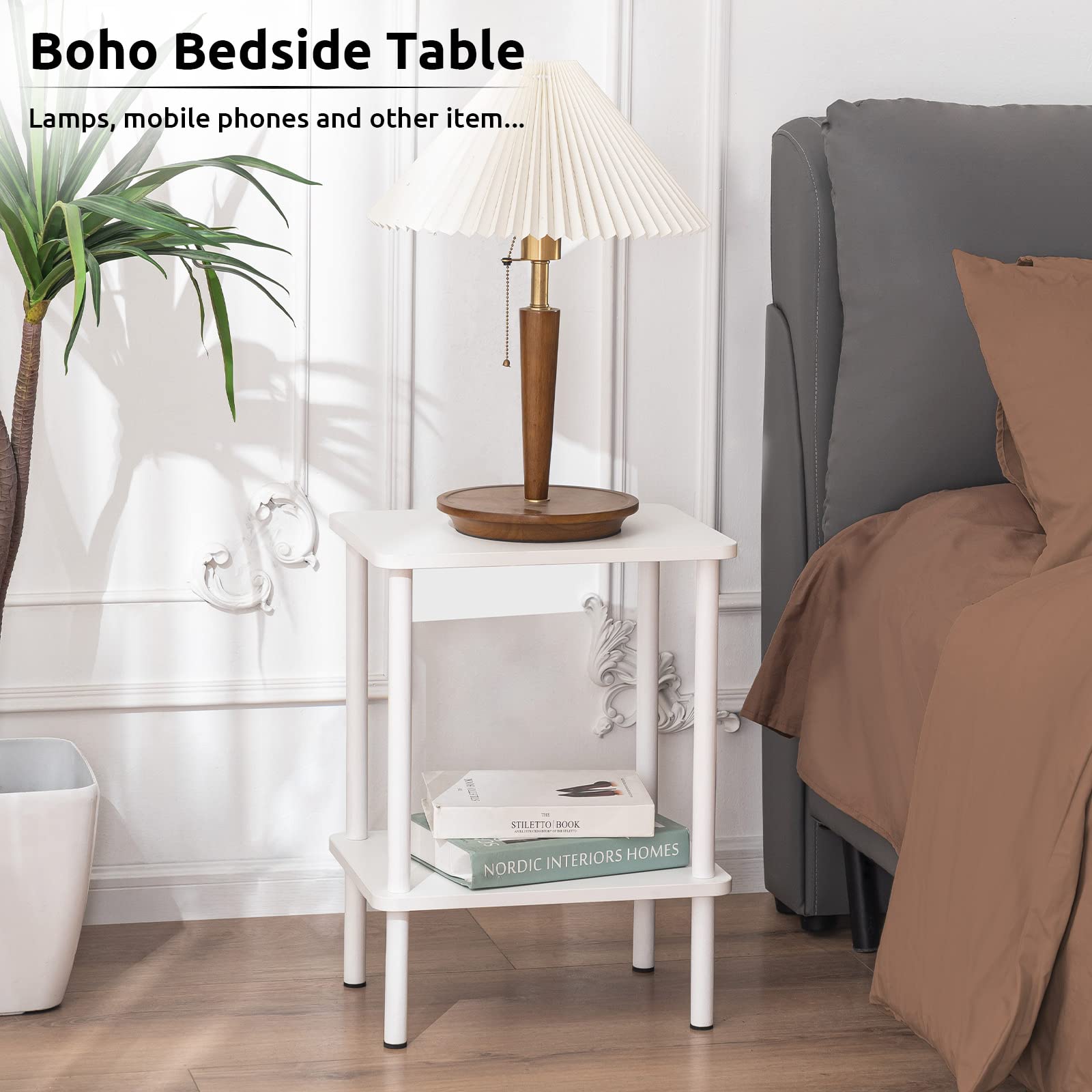 Apicizon 2 Tier End Table with Storage Shelf - Boho Nightstand & Side Table for Small Spaces - Easy Assembly White Farmhouse Bedside Table for Bedroom, Living Room, Entryway - Perfect for Reading Nook, Coffee Table Companion & Apartment Decor