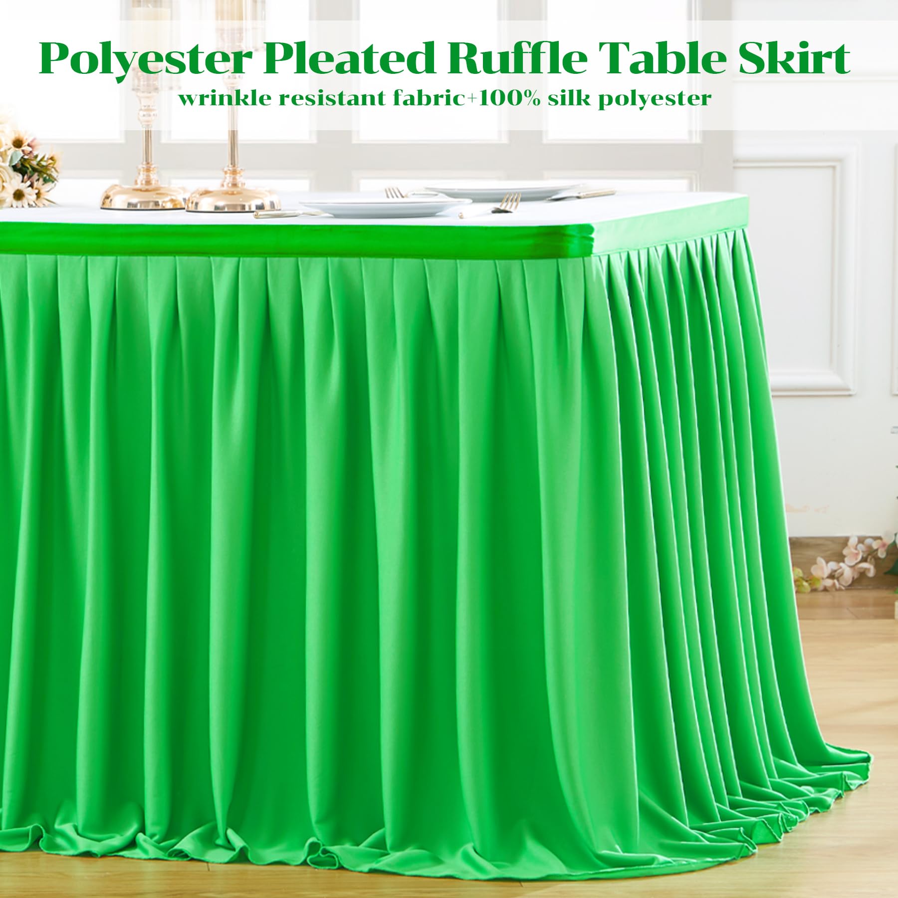 Partisky 9ft Green Polyester Table Skirt - Wrinkle Resistant Pleated Ruffle Tablecloth for Banquets, Weddings, Baby Showers | Perfect for Dining Tables, Gift Displays & Trade Show Decorations