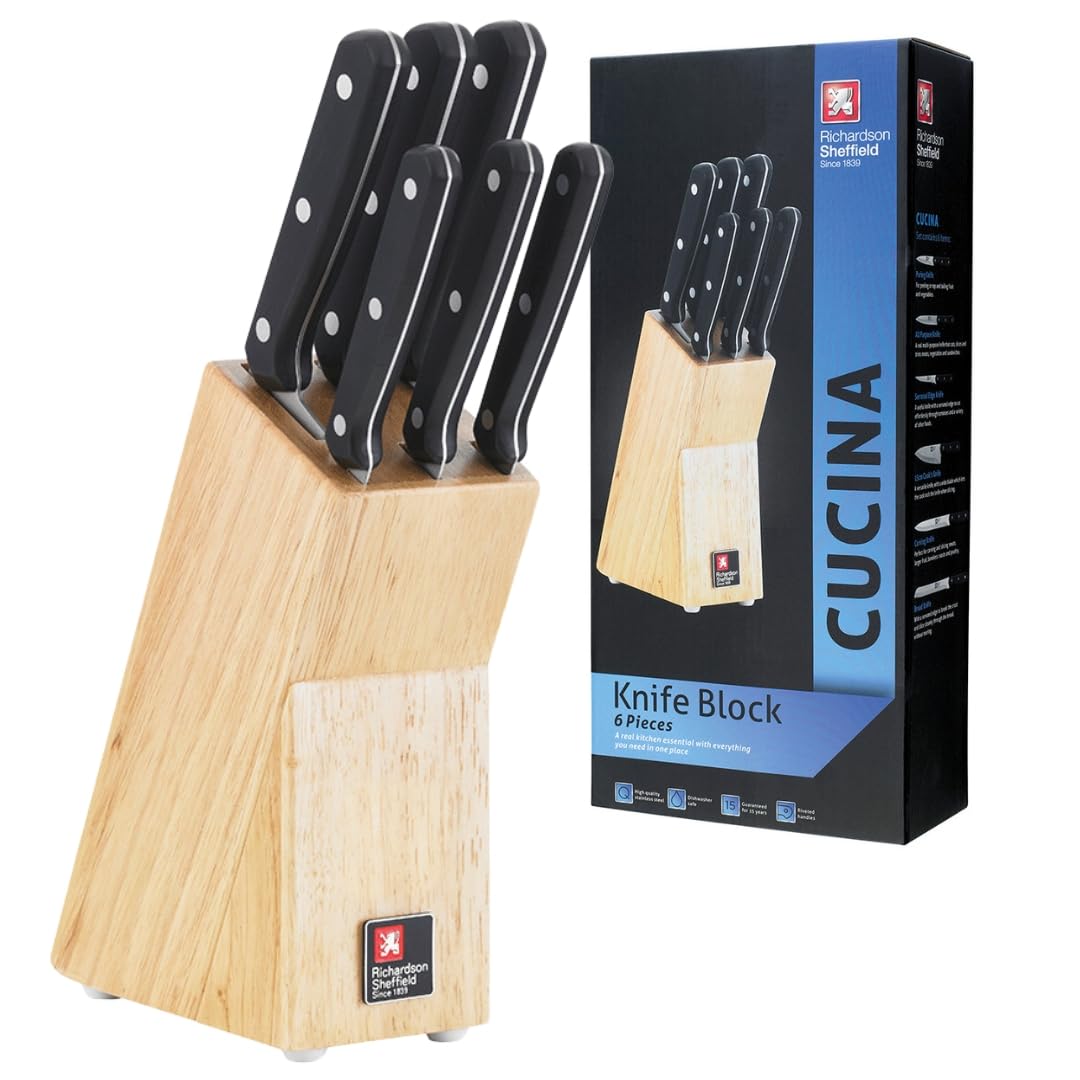 Premium Richardson Sheffield 6-Piece Cucina Knife Set with Wooden Block - Professional Kitchen Knives for Chefs & Home Cooking - Perfect for Slicing, Dicing & Food Prep