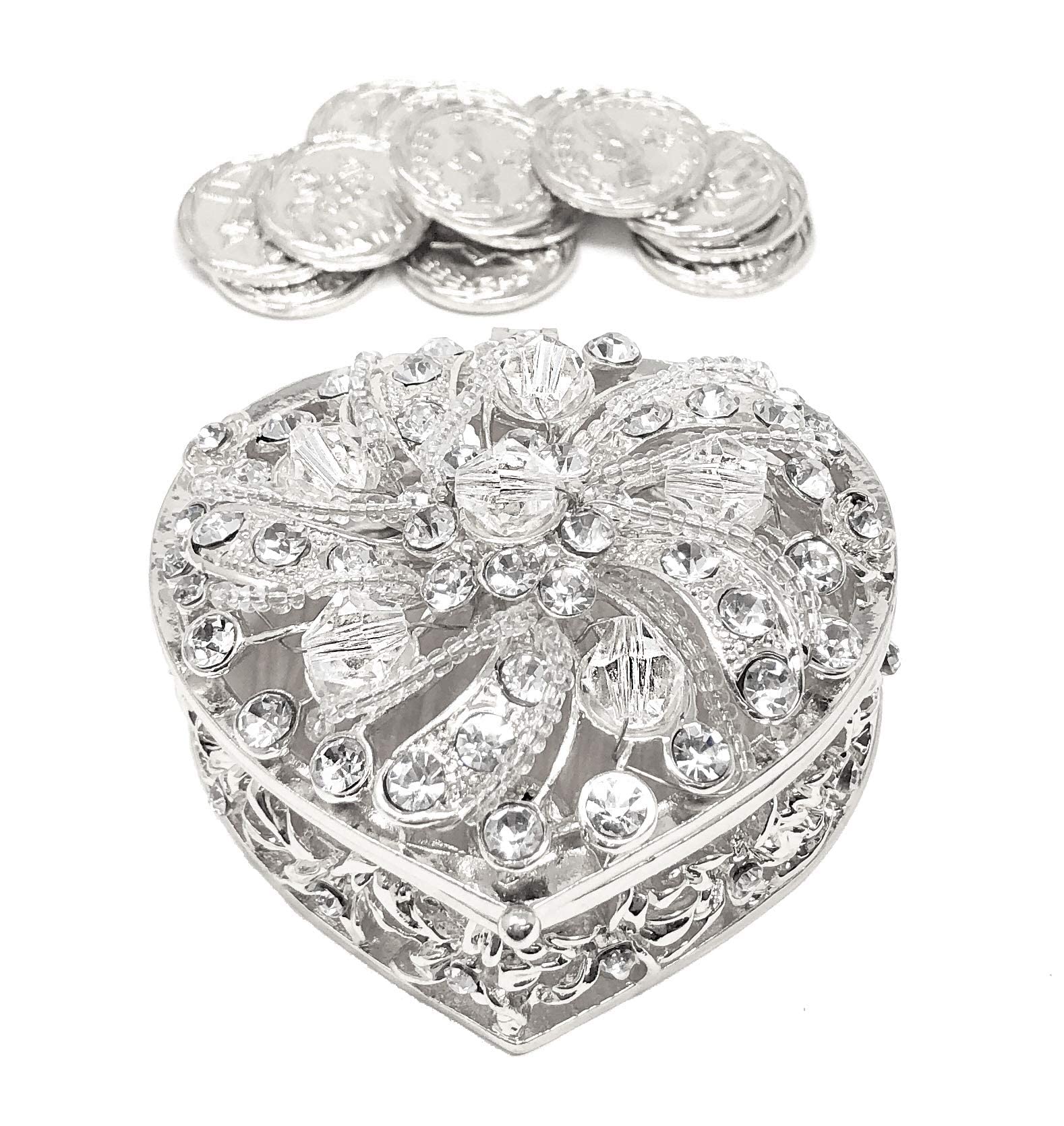 CB Accessories Wedding Unity Coins - Arras de Boda - Heart Shaped Box with Decorative Rhinestone Crystals 78 (Silver) - Perfect for Wedding Ceremonies and Anniversary Gifts