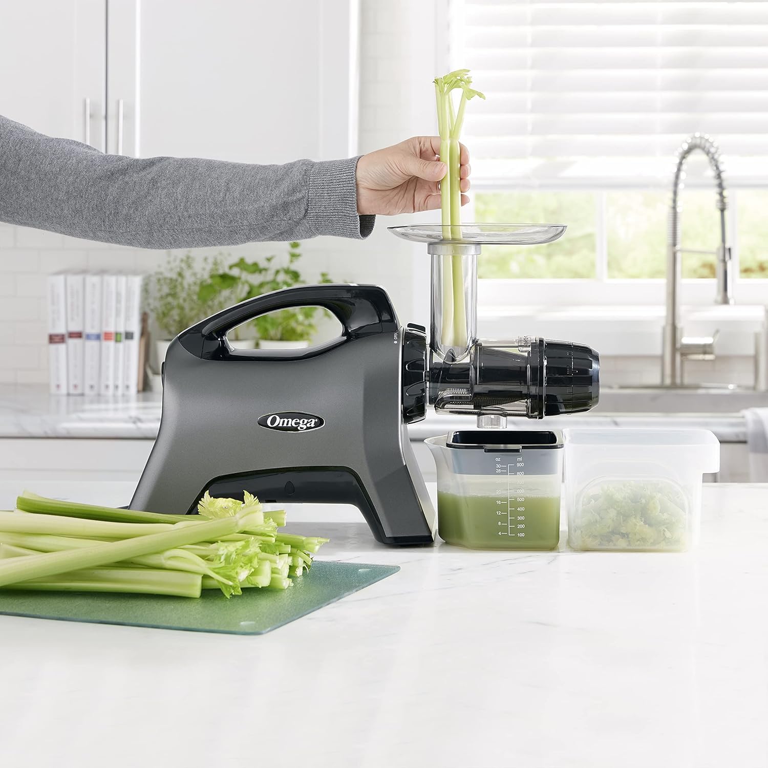 Omega Celery Juicer and Nutrition System - 200W Masticating Cold Press Juicer Machine with Adjustable Dial for Celery, Fruits & Vegetables - Perfect for Healthy Juicing at Home, Gym or Office (Silver)