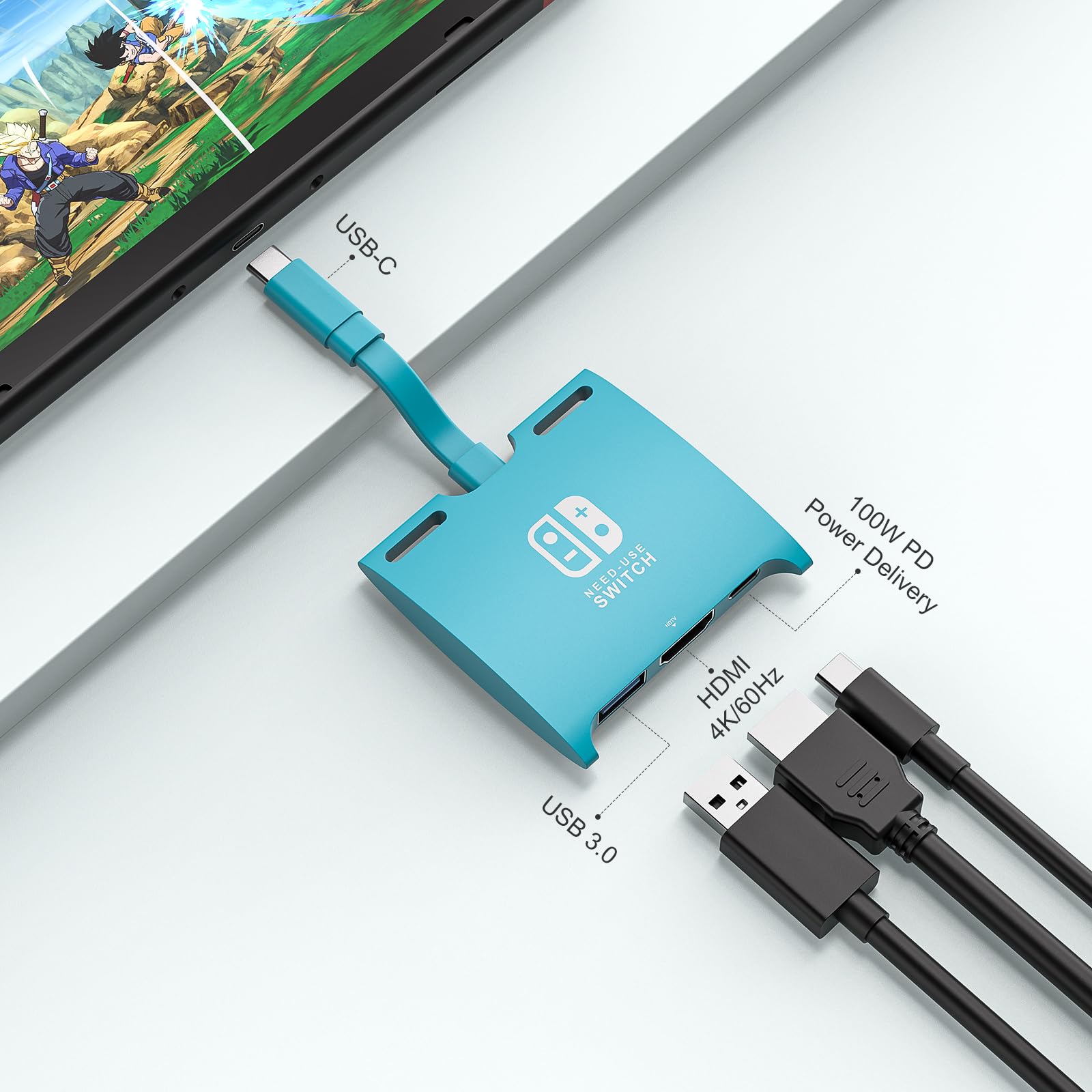 Nintendo Switch/OLED Dock Adapter - Portable TV Charging Station with HDMI & USB 3.0 Ports, 100W Fast Charging, USB-C to HDMI Mini Travel Dock for Switch, MacBook, Samsung Devices (Blue) - Perfect for Gaming, Travel & Home Entertainment