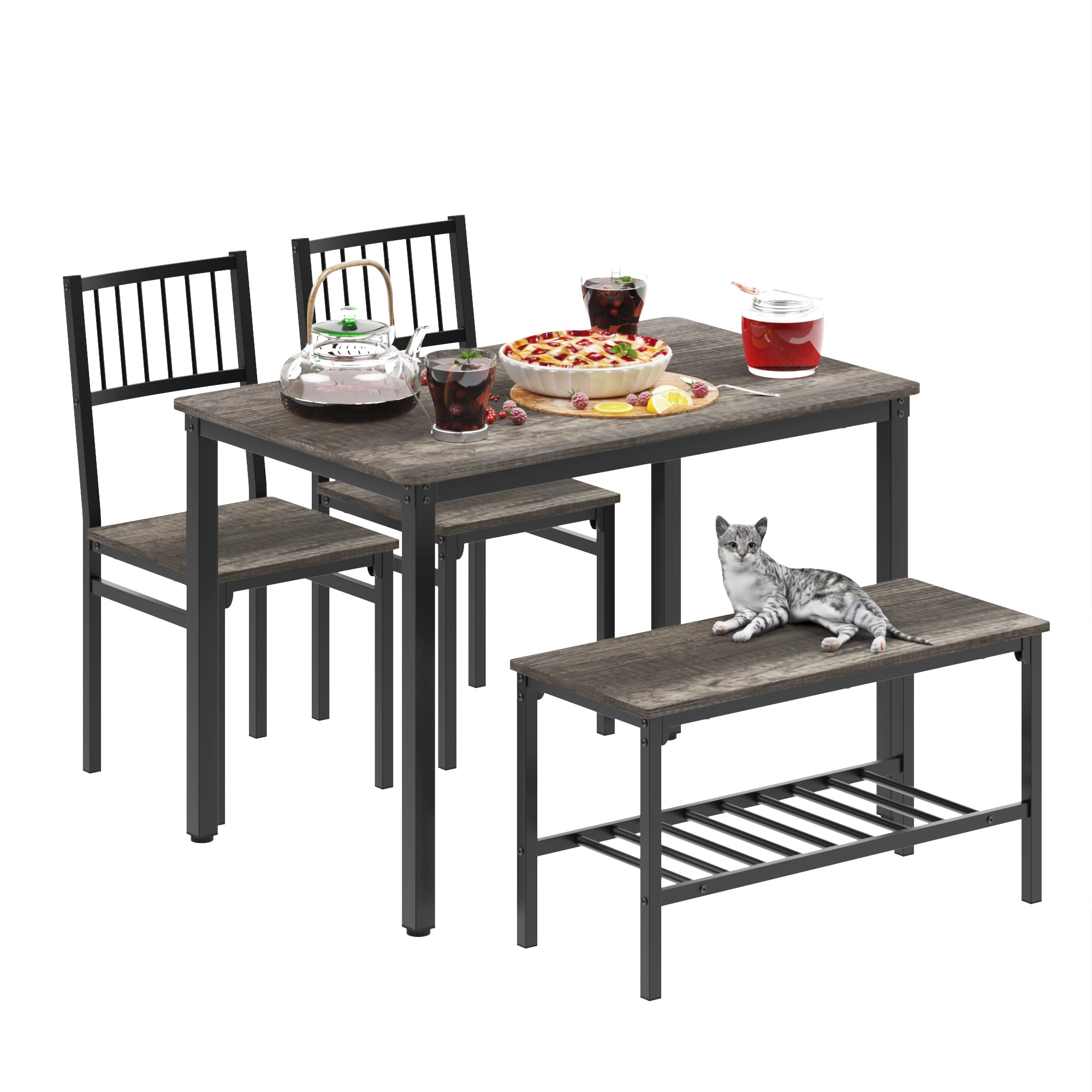 **Teraves 4-Piece Dining Table Set with 2 Chairs & Bench - 120cm Kitchen Table, Computer Desk, Black Oak & Black Frame - Perfect for Small Spaces, Dining Rooms & Home Offices**
