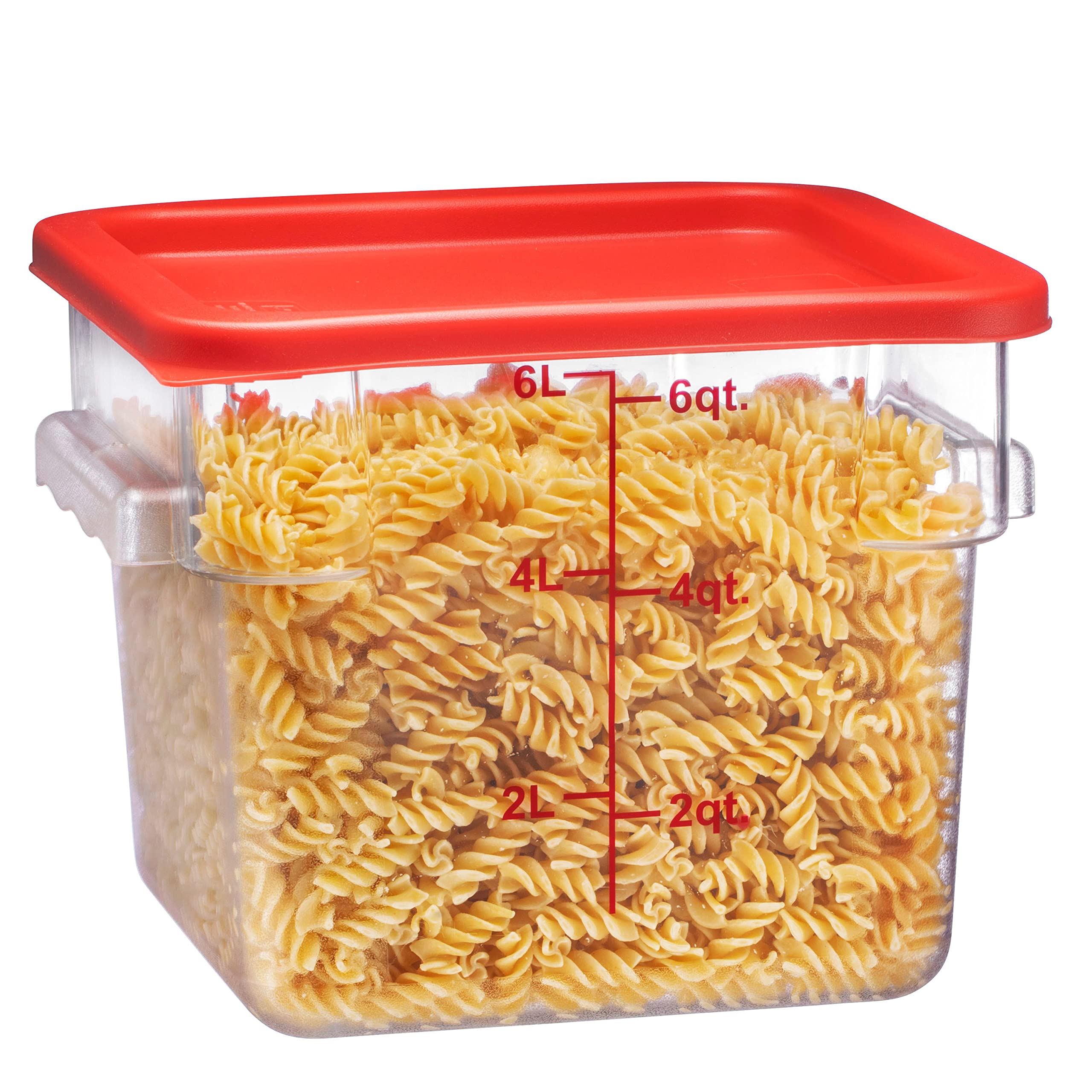 Tiger Chef 6 Quart Clear Commercial Grade Square Polycarbonate Food Storage Containers with Red Lids - Perfect for Restaurant, Bakery, and Home Kitchen Organization