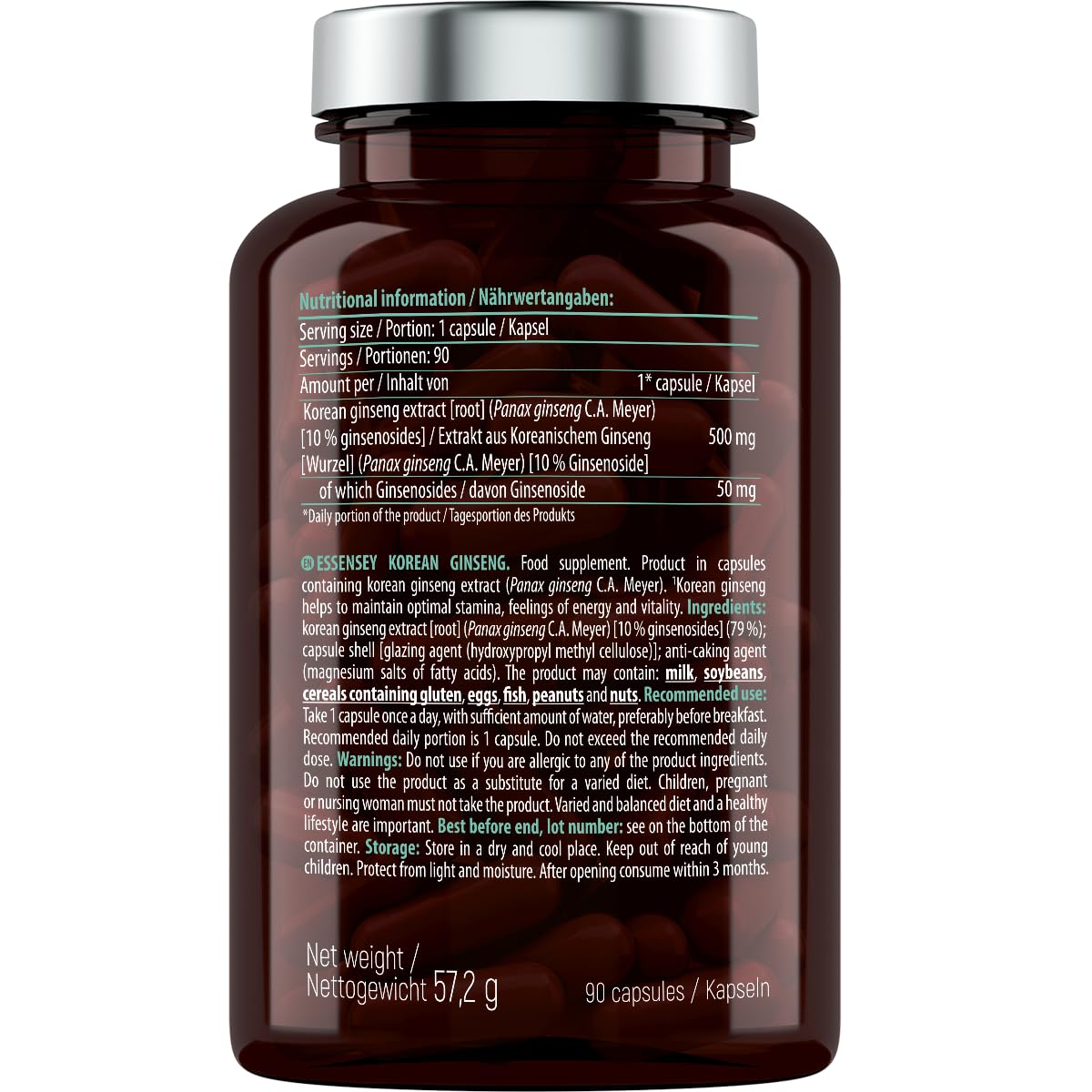 Essensey Korean Ginseng Extract 500mg - 90 Capsules for Energy Boost & Immune Support | Herbal Supplement for Daily Wellness & Vitality