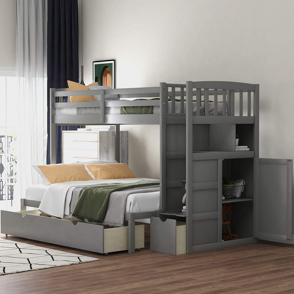 Twin Over Full Bunk Bed with Trundle - Solid Wood Bunk Bed Frame with Safety Guard Rails, Storage Shelves & Drawers, Convertible Bottom Bed (Gray) - Perfect for Kids' Bedrooms, Guest Rooms & Small Spaces