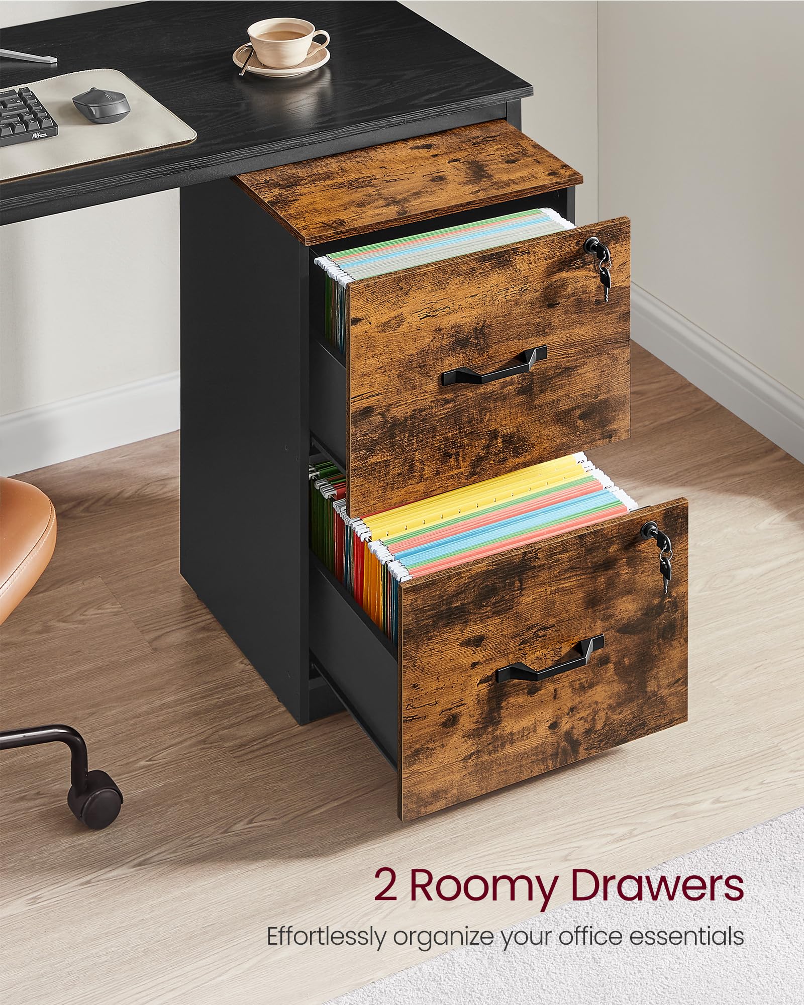 VASAGLE 2-Drawer Locking File Cabinet with Printer Stand, Office Organizer for A4 & Letter Size Documents - Rustic Brown & Black UOFC061B01 | Perfect for Home Office, Small Business & Workspace Storage Solutions