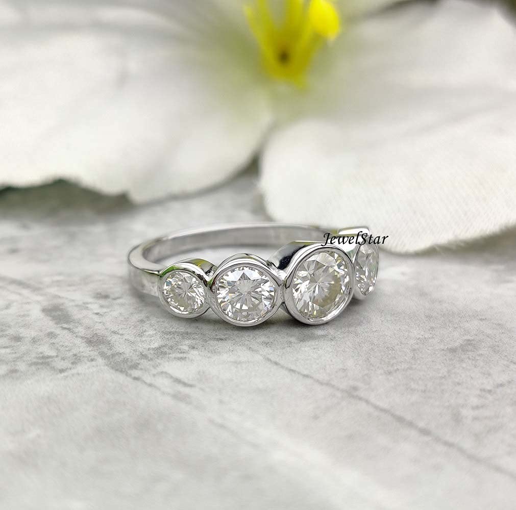 2.30 CT Round Colorless Moissanite Engagement Ring in 14K White Gold - Bezel Set Five Stone Wedding Band for Brides & Anniversaries | Perfect for Proposals, Vow Renewals & Special Occasions
