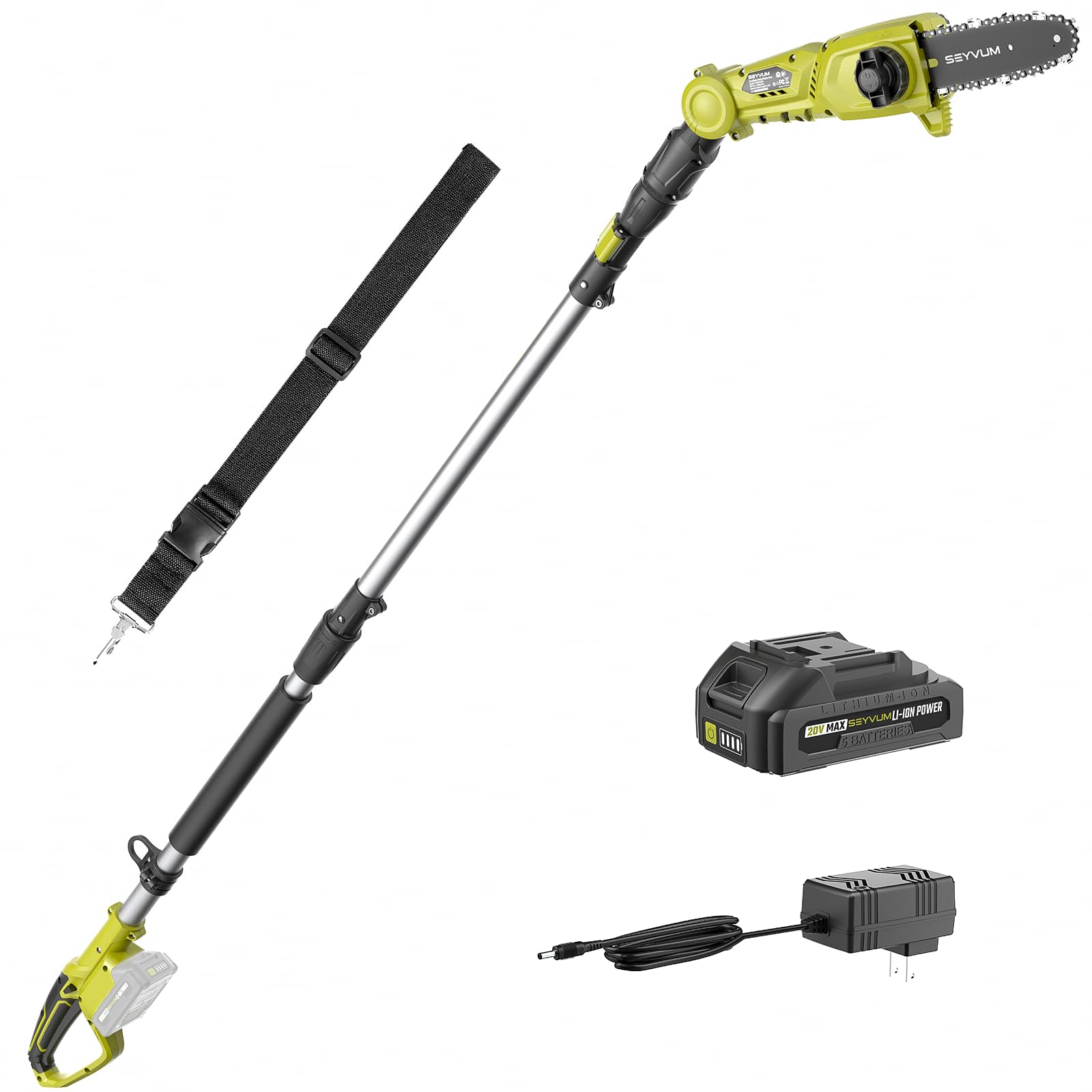 SEYVUM 8-Inch Cordless Pole Saw with Battery & Charger - 15-FT Telescoping Reach, Auto Oiling, Tool-Less Multi-Angle Adjustment for Tree Trimming, Pruning & Landscaping - Perfect for Garden Maintenance, Yard Work & DIY Projects