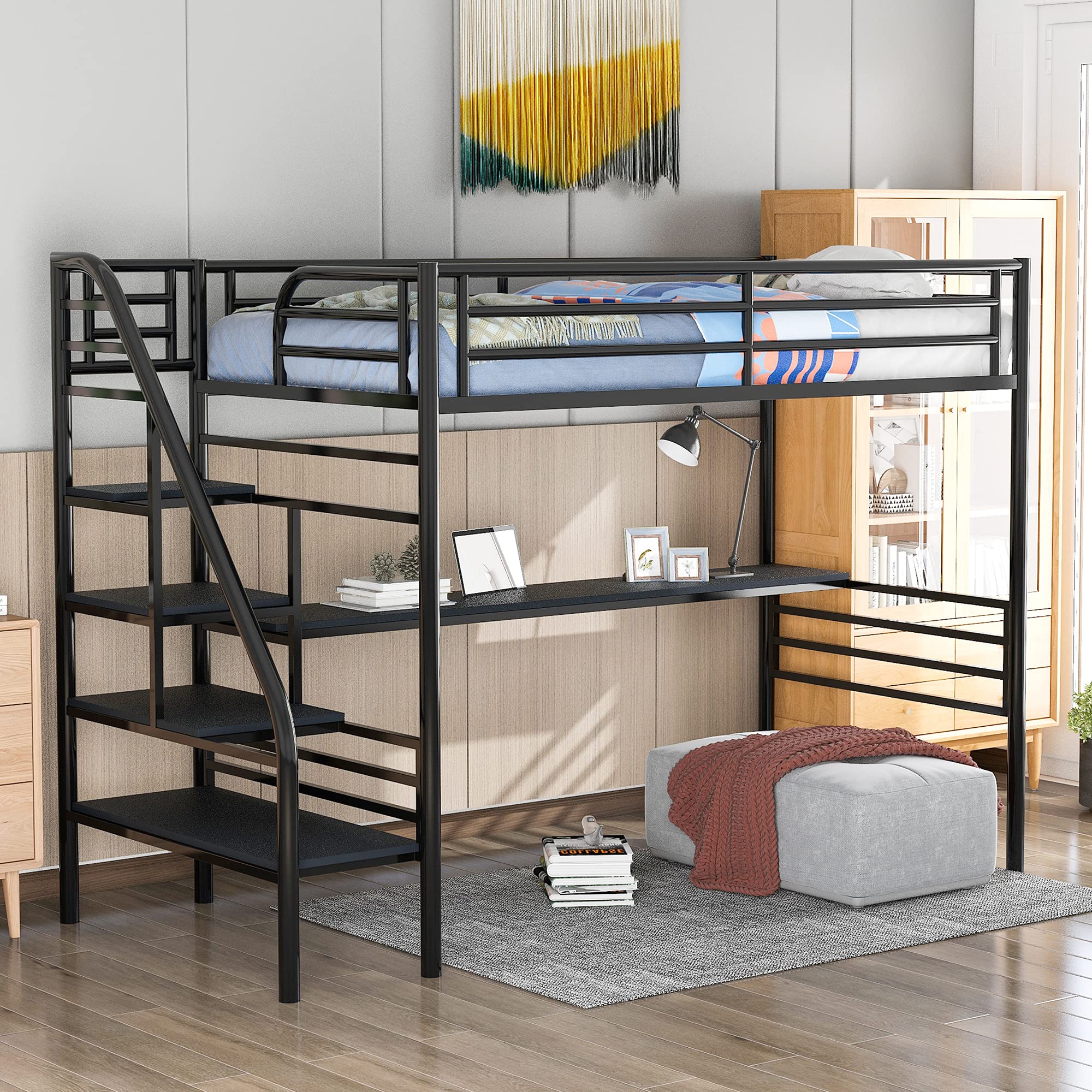 P PURLOVE Twin Loft Bed with Stairway - Sturdy Metal Frame, No Box Spring Required - Space Saving Kids & Teen Bunk Bed for Small Rooms, Dorms & Apartments (Black)
