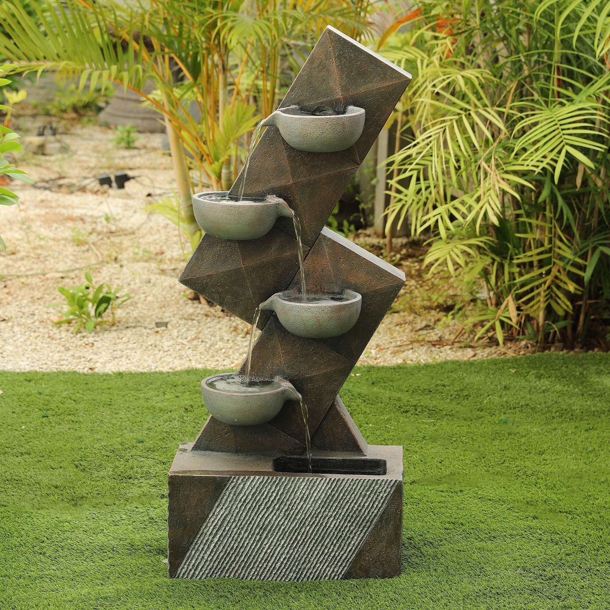 Modern Tiered Outdoor Fountain - Cement & Resin Water Feature in Brown & Grey - Contemporary Garden Decor for Patio, Yard & Landscape Design