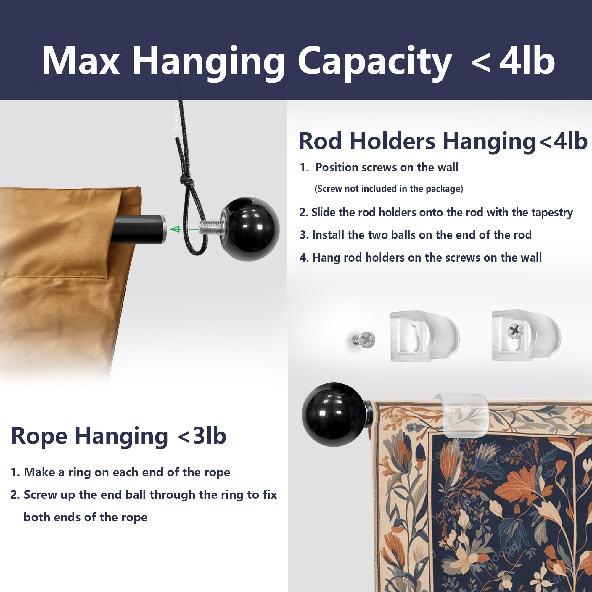 Adjustable Tapestry Hanging Rod 17-32 Inch - Lightweight Wall Decor Hanger Pole for Aesthetic Tapestries, Banners & Room Decor (Black) | Perfect for Bedroom, Living Room & Dorm Decoration