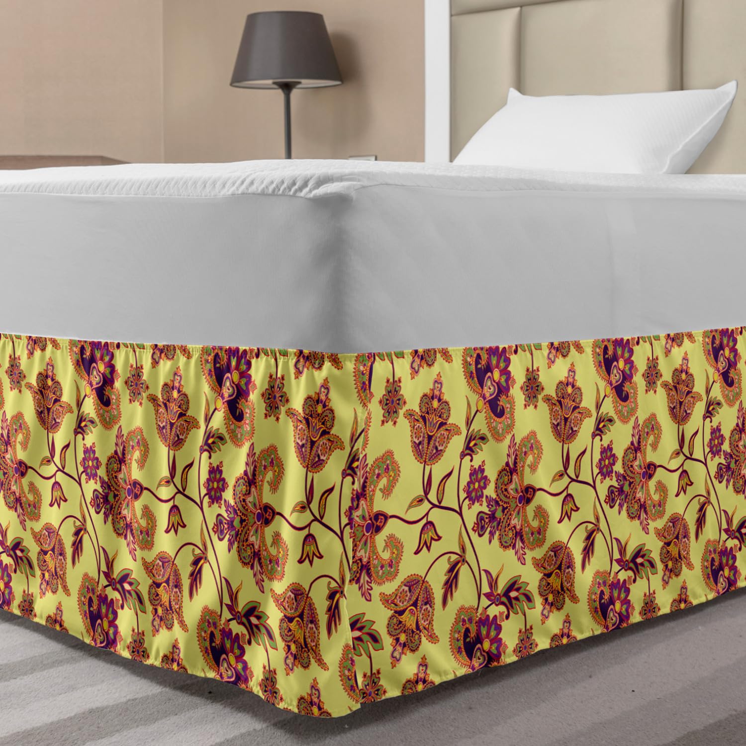 Ambesonne Floral Bed Skirt - Colorful Blossoms & Leaves Design, Wrap Around Elastic Gathered Bedding for Twin/Twin XL - Perfect for Bedroom Decor, Guest Rooms & Dormitory Styling