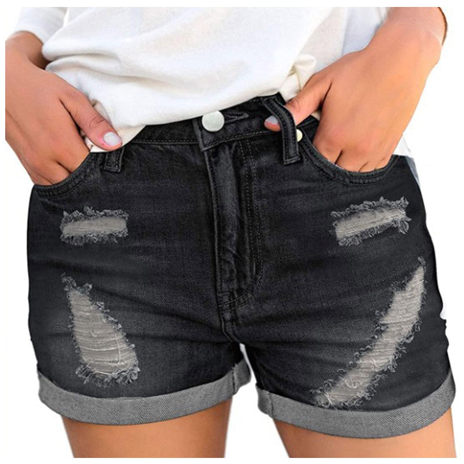 Ceimmol Women's High Waist Ripped Denim Shorts - Stretchy Casual Lounge Shorts with Distressed Rolled Hem | Perfect for Summer Outfits, Beach Vacations & Casual Wear