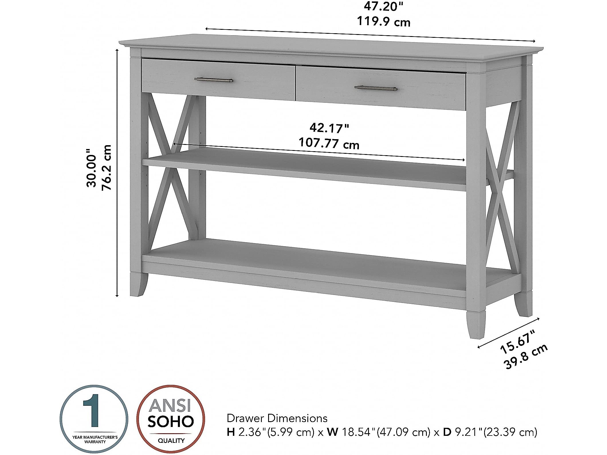 Bush Furniture Narrow Console Table with Storage - Key West Collection Entryway Table with Drawers & Aged Bronze Hardware, 47