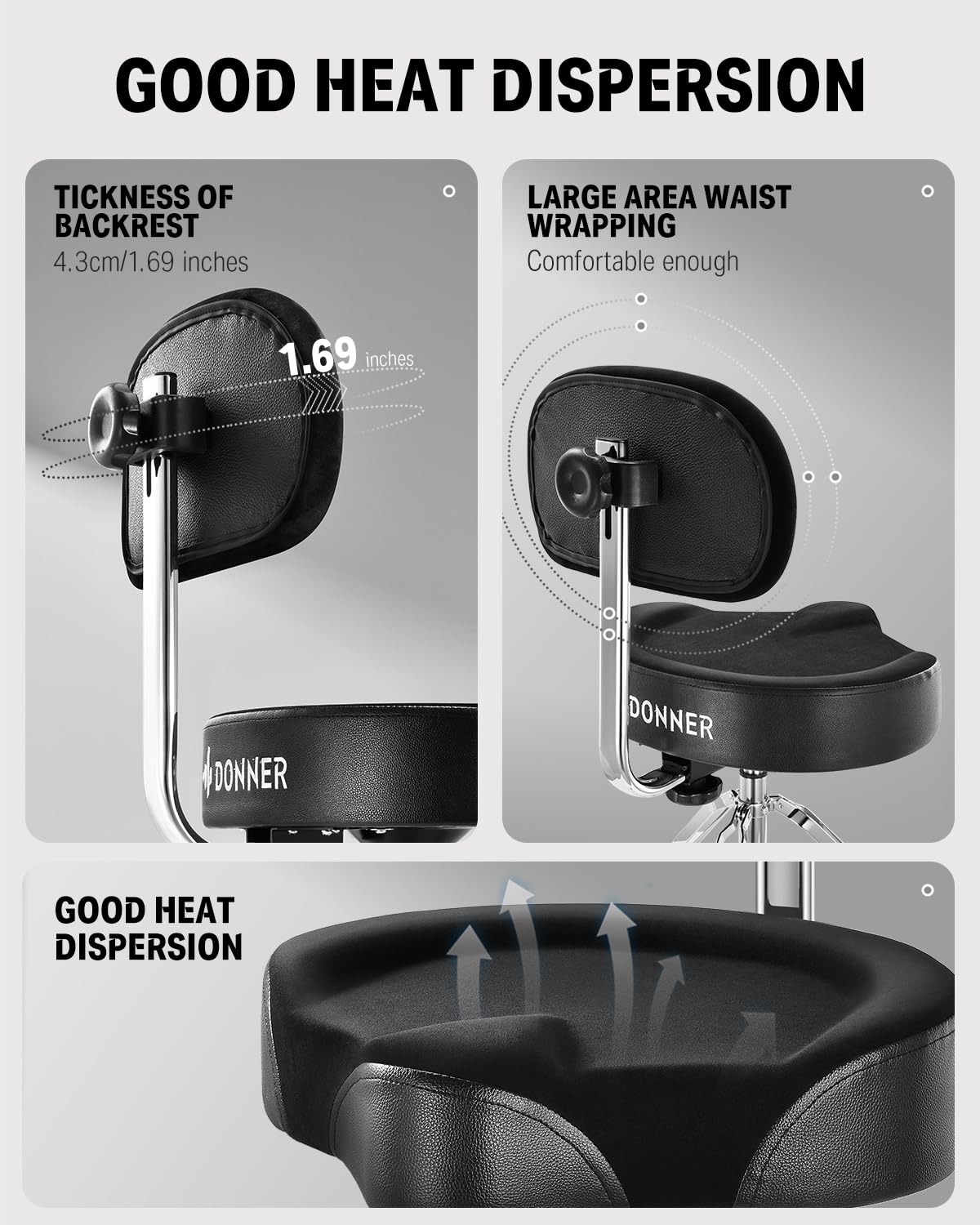 Donner Heavy Duty Hydraulic Drum Throne with Backrest - Adjustable Height Motorcycle Style Drum Seat for Adult Drummers (Black) | Perfect for Drum Practice, Live Performances & Studio Recording
