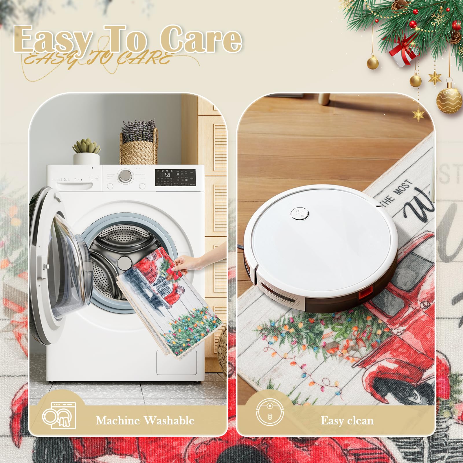 LEEVAN Christmas Kitchen Mat Set of 2 - Non-Slip Cushioned Holiday Rugs with Christmas Tree Truck Design, Washable Anti-Fatigue Floor Mats for Winter - Perfect for Kitchen, Entryway, and Holiday Decor