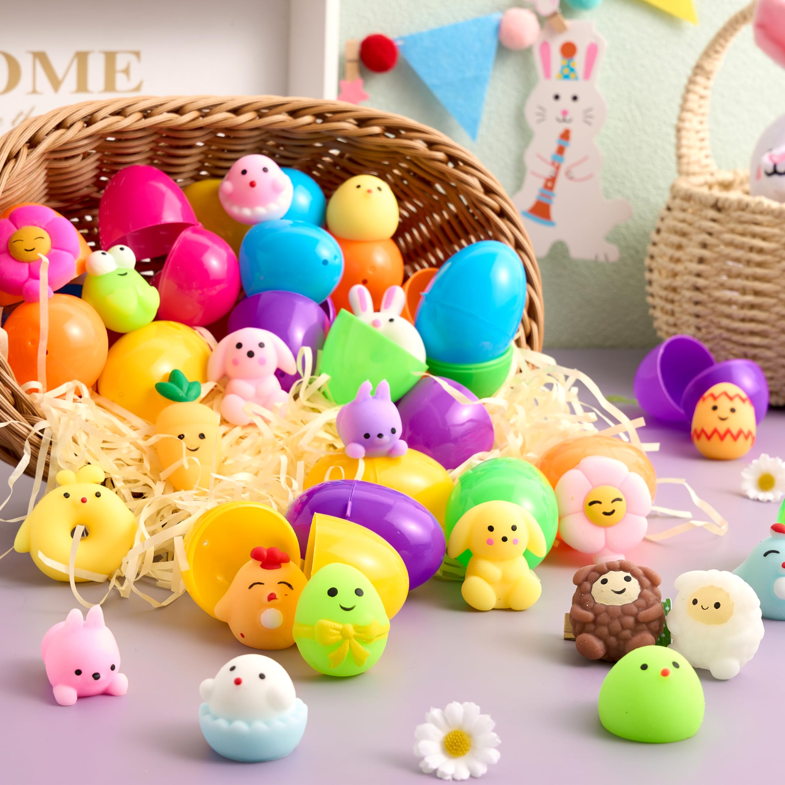 24 Pcs Easter Prefilled Eggs with Mochi Squishy Toys - Cute Stress Relief Toys for Kids, Party Favors, Easter Basket Stuffers & Classroom Prizes - Perfect for Easter Egg Hunts, Birthday Parties & School Rewards