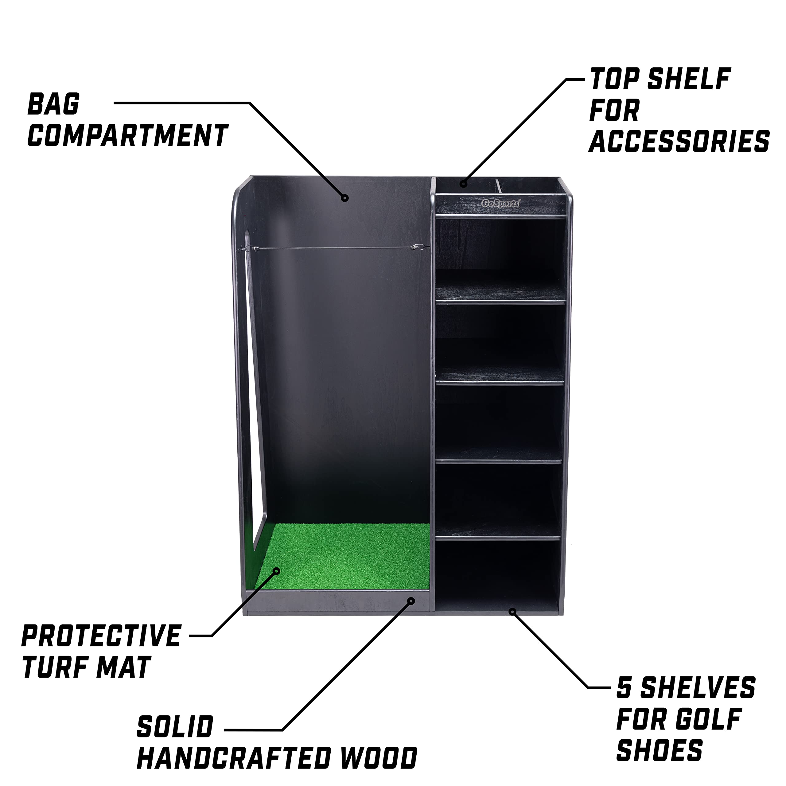 GoSports Premium Wooden Golf Bag Organizer & Storage Rack - Black, White or Brown Finish | Golf Club Accessory for Home, Office & Garage Organization