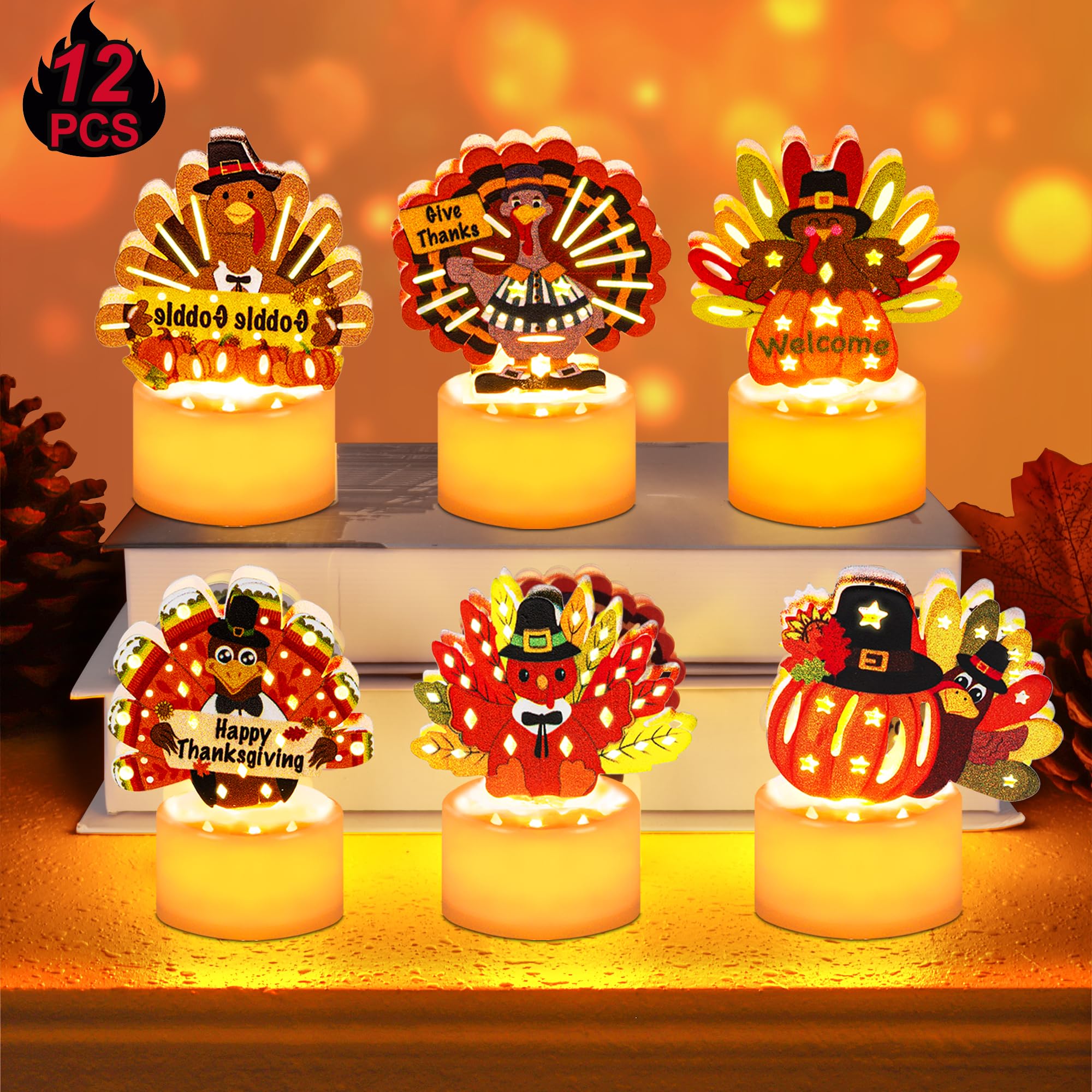 12 Pack LED Flameless Thanksgiving Tea Light Candles - Battery Operated Turkey Shaped Table Decorations for Home, Indoor Party, and Holiday Centerpieces | Perfect for Thanksgiving Dinner, Fall Decor, and Festive Gatherings
