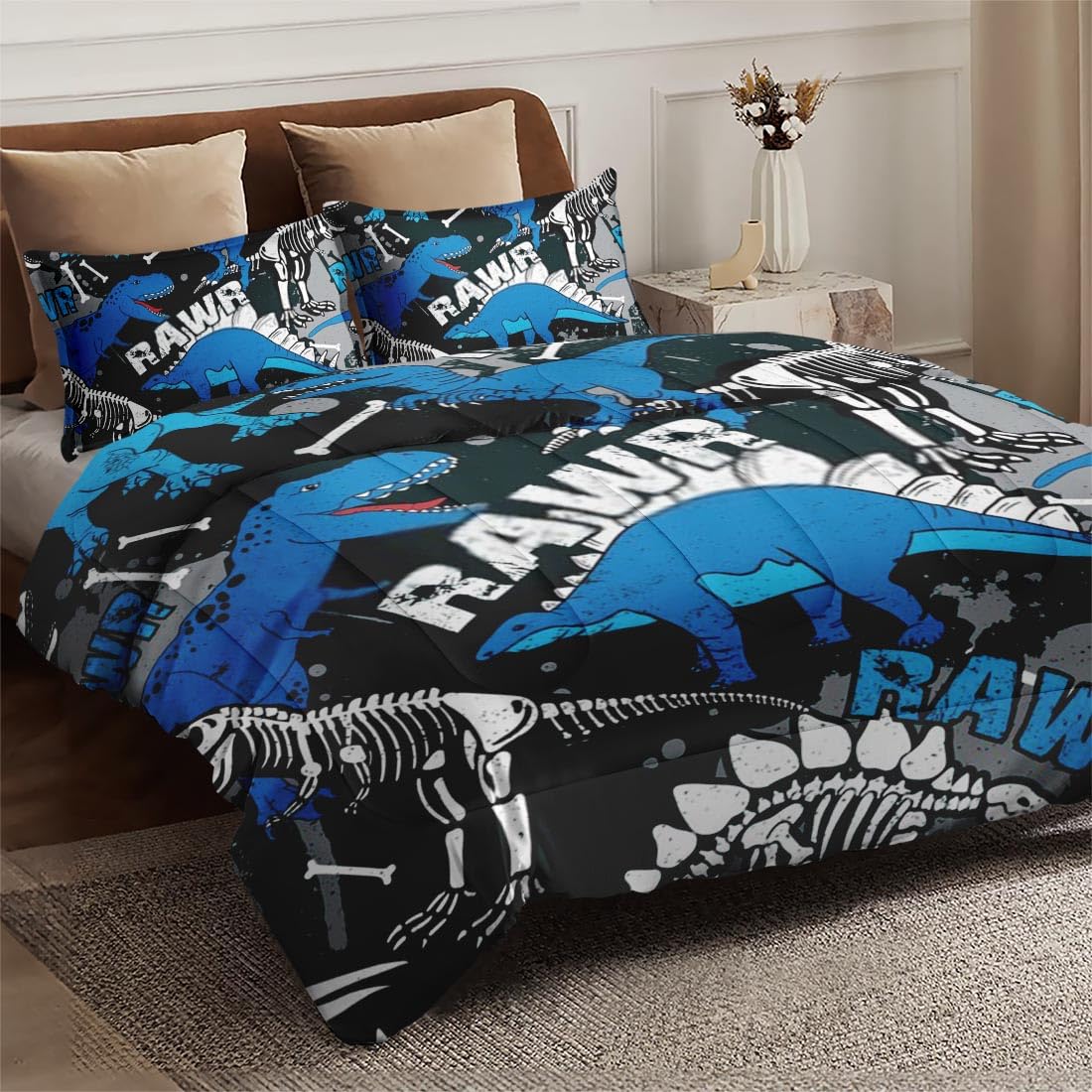 Dinosaur Skeleton Comforter Set Queen Size - Soft & Funny Dino Bedding for Kids & Adults, Includes 2 Pillowcases - Perfect for Kids' Room Decor, Themed Bedrooms & Dinosaur Lovers
