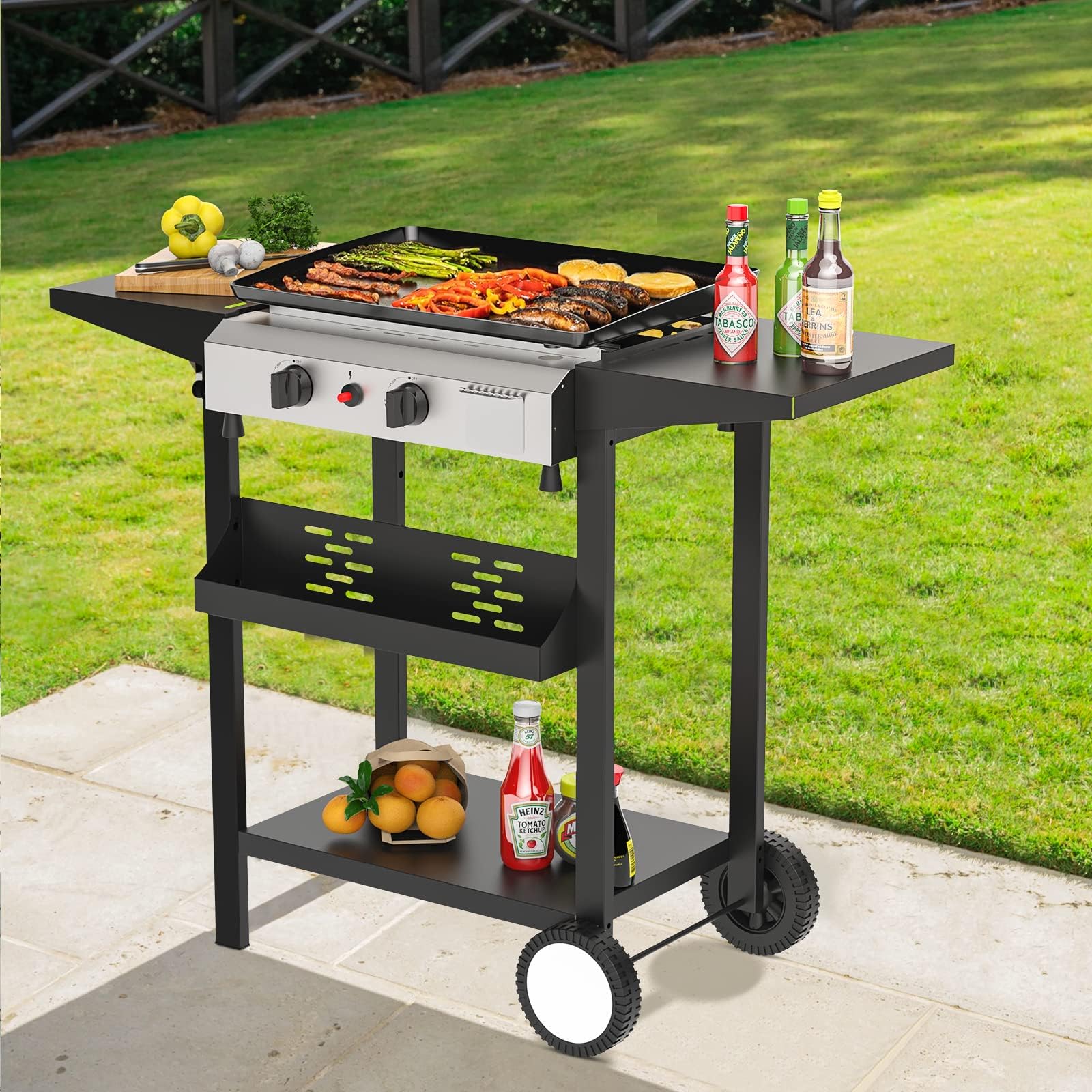 SKOK 2 Burner Gas Griddle - 17 Inch Outdoor Propane Griddle with 20,000 BTU - Portable Flat Top Gas Grill for Camping, BBQ, Tailgating & Backyard Cooking - Includes Side Shelves for Kitchen & Outdoor Use